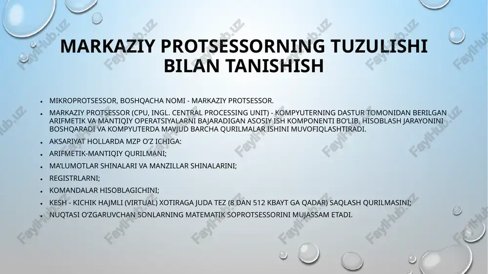 k darajasiga ega. operatsiya bajarilayotgan paytda pr1 ichida operatsiyada ishtirok etayotgan birinchi son, operatsiya yakuniga yetgach - natija joylashadi; pr2 ichida esa operatsiyada ishtirok etayotgan ikkinchi son joylashib, operatsiya yakuniga yetgach, uning ichidagi axborot o‘zgarmay qoladi. 1- registr axborotni ma’lumotlarning kodli shinasidan olishi va xuddi shu shinasi orqali uzatishi mumkin. boshqaruv sxemasi yo‘riqlarning kodli shinasi orqali boshqaruv qurilmasidan boshqaruv signallarini qabul qilib, registrlar va amq summatori ishini boshqarish uchun mo‘ljallangan signallarga aylantiradi. mq arifmetik (+, - , *, :) operatsiyalarni faqat so‘nggi razryaddan so‘ng qayd etilgan vergulli ikkilik axborotga, ya’ni faqat butun ikkilik sonlarga nisbatan bajaradi. o‘zgaruvchan vergulli ikkilik sonlar hamda ikkilik-kodlashgan o‘nli sonlarga nisbatan operatsiyalar ijrosi matematik soprotsessor yoki maxsus tuzilgan dasturlar jalb etilgan tarzda bajariladi. ommabop mikroprotsessorlar bilan tanishish 1971 yilning noyabr oyida intel korporatsiyasi o‘zining uch nafar muhandisi tomonidan ishlab chiqilgan va tijorat maqsadlarida tarqatish uchun mo‘ljallangan dunyoda eng birinchi 4004 rusumli mikroprotsessor yaratganini e’lon qildi. bugungi …