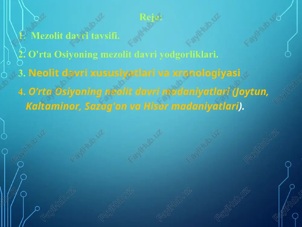 .12-7 ming yilliklar davr kashfiyotlari: qo'shma qurollar (bolta) o'q va yoy hayvonlarning o'rgatilishi mikrolit - mayda qurollarni tayyorlashga o'tish omochli dehqonchilik va chorvachilik 100 dan ortiq mezolit davri manzilgohlari ochilgan, ulardan: obishir (farg'ona vodisi), ko'shilish (toshkent), machay (boysun tog'lari), shuningdek, amudaryo va sirdaryo oralig'i hududlari. rangdor qoyatosh rasmlarining keng tarqalishi neolit yunoncha, «neos» - yangi, «litos» - tosh degan so’zlardan tarkib topgan bo’lib, u «yangi tosh» davri degan ma’noni anglatadi. arxeologiya faniga neolit tushunchasini 1865 yilda ingliz arxeologi lebbok olib kirgan. neolit davri miloddan avvalgi 6-4 ming yilliklarni o’z ichiga oladi. bu davr xo’jaligi ishlab chiqaruvchi xo’jalik deb atalib, unda nafaqat tabiatdan tayyor mahsulotlar o’zlashtirilgan, balki chorvachilik va ziroatchilik orqali ehtiyoj uchun qo’shimcha oziq-ovqatlar yaratilgan. hayvonlarni qo’lga o’rgatish orqali chorva mollariga ega bo’linishi; yovvoyi o’simliklarni madaniylashtirish va boshoqli don ekinlari ekishga o’tish . neolit davrida qabilalarning ko’pchiligi o’troq hayot tarziga o’tadi, doimiy yashash uchun manzillar qura boshlaydi. doimiy yerto’lalar, kulbalar …