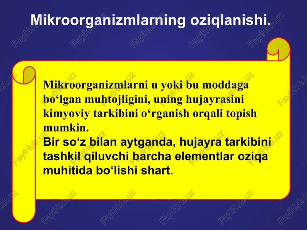 yaga fotosintez qiluvchi bakteriyalar kiradilar fotogeterotroflar - energiya manbai sifatida yorug‘lik va oziqa sifatida organik moddalarni ishlatadigan mikroorganizmlar. bularga yashil va to‘q qizil rangli bakteriyalar kiradi. xemoavtotroflar - kimyoviy energiya manbai va uglerod sifatida co2 ni ishlatadilar xemogeterotroflar - kimyoviy energiya manbai va asosiy uglerod manbai sifatida organik moddalarni iste’mol qiladilar. shuni ham aytib o‘tish lozimki, bu kategoriyaga kiruvchi mikroorganizmlar uchun birgina organik modda ham energiya, ham uglerod manbai bo‘lib xizmat qilishi mumkin. bu kategoriyaga zamburug‘lar va ko‘plab bakteriyalar kiradilar mikroorganizmlarning nafas olishi nafas olish - atf hosil boladgan oksidlanish-qaytarilish jarayoni bo‘lib, vodorodlar (elektronlarlarni) donori bo‘lib organik yoki anorganik birikmalar rol o‘ynaydi, vodorodlarni (elektronlarni) akseptori bo‘lib hamma vaqt anorganik birikmalar xizmat qiladi. agar oxirgi akseptor bo‘lib molekulyar kislorod xizmat qilsa, bunday nafas olish jarayoni aerob nafas olish deyiladi. ba’zi mikroorganizmlarda oxirgi elektron akseptori vazifasini molekulyar kislorod emas, balki anorganik birikmalar - nitratlar, sulfatlar va karbonatlar bajaradi. bu anaerob nafas olishdir. …