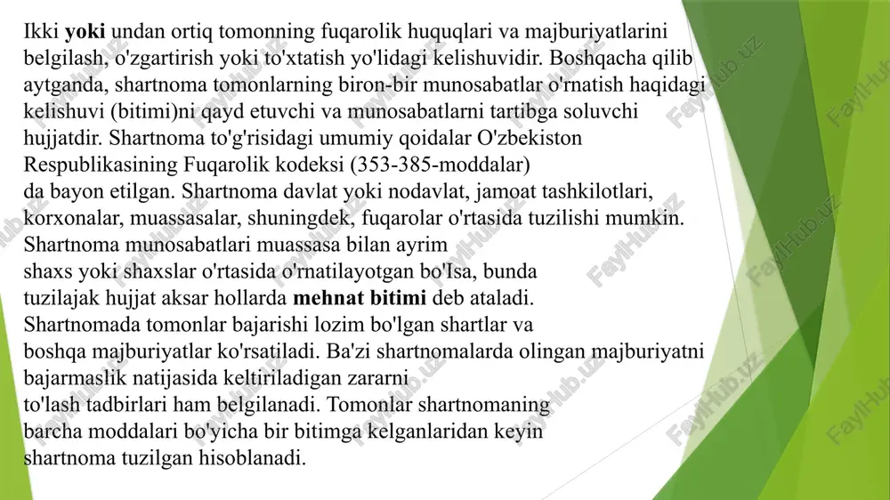 tuzgan yoki tuzishga yo'l qo'ygan mansabdor shaxslarni javobgarlikka olib keladi. shartnomalar og'zaki, yozma usulda tuzilishi hamda notarial idoralar tomonidan tasdiqlangan tarzda ham bo'lishi mumkin. shartnomaning ayrim turlari, chunonchi, imoratlarni oldi-sotdi shartnomasi tegishli davlat idoralarida qayd qilinishi zarur. keyingi holat faqat qonunda belgilangan taqdirda qo'llanadi. shartnoma muassasalarga tegishli bo'lganda, tomonlar imzolagunga qadar, unda muayyan muassasa hisobchisi va adliya maslahatchisining rozilik belgisi bo'lishi maqsadga muvofiqdir. tomonlar mazkur hujjatning barcha bob va qismlari bo'yicha kelishib olib, uni tegishli ravishda rasmiylashtirganidan keyingina shartnoma tuzilgan hisoblanadi. tashkilotlarda keng qo'llanadigan oddiy shartnomalarning zaruriy qismlari quyidagilar kiradi: 1. shartnomaning nomi (mahsulot yetkazib berish shartnomasi, imoratni ijaraga olish shartnomasi, pudrat shartnomasi kabi). 2. shartnoma tuzilgan sana. 3. shartnoma tuzilgan joy. 4. shartnoma tuzayotgan tomonlarning aniq va to'liq nomi (matnning keyingi o'rinlarida ularni qisqartirib, shartli nomlash mumkin: «buyurtmachi», «institut», «muassasa», «uy-joylardan foydalanish idorasi», «bajaruvchi», «ijrochi», «direktor», «xodim» kabi); tomonlar vakillarining ismi va otaismlari, familiyalari, ularning vakolat doirasi (ularga shartnoma …
