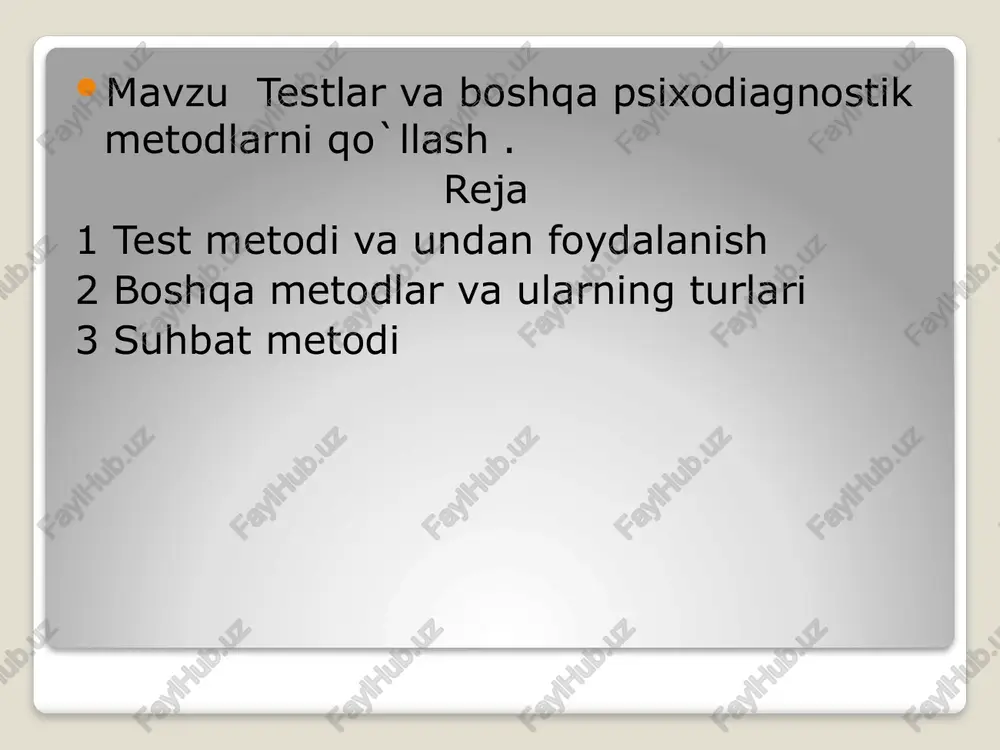 eng qo’llaniladi. 1905 yildan fransuz psixologi a.bine va uning shogirdi a.simon insonning agliy osishi va iste’dod darajalarini o’lchash imkoniyati borligi g’oyasini ilgari surgandan keyin psixologiyada test metodi qo’llanila boshladi. {fa} myshared © oo © test nima? test-berilgan alternativ javoblardan to’g’risini tanlash shaklidagi nazorat topshirig idir. o’quv fani bo’yicha tuziladigan nazorat testlari, boshqa o’quv topshiriqlariga o’xshab, to’rt xil elementlardan tarkib topadi; mazmun, maqsad, funkstya, metod. eo suxbat metodi bu metod tadgiqotning turli bosqichlarida qo llaniladi: masalan, dastlabki tanishish bosqichida ham boshqa metodlar, aynigsa, kuzatish metodi orgali go'lga kiritilgan xulosalarni aniglashda go'llaniladi. suxbat metodidan moxirlik bilan foydalanish juda gimmatli natijalarga erishishga yordam berishi mumkin. impressiv metodlar bu stimul materialdan tanlangan narsalarning natijasiga ko’ra aniqlanadi. “ lyusherning ranglarni tanlash testi” 8-rangli kvadratdan iborat. ranglar orqali insonda go ’rquy, ichki dunyo sirliligini yashirin ochish, nizoli vaziyatga moyillik, emosional qiyofa kabi psixologik masalalar o’rganiladi. longityud metodi- boshqa metodlardan fargqi bir yoki bir nechta sinaluvchilar uzog …