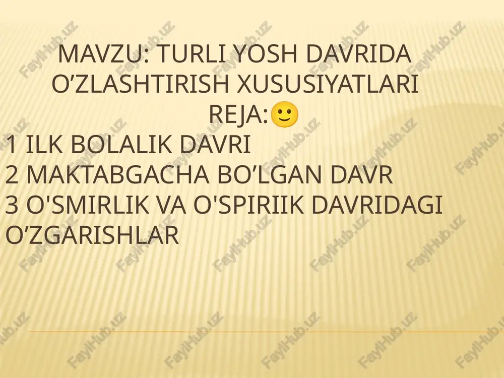 zgarishiga mos tarzda ro’y beradi. inson hayotining barcha davrini yaxlit tarzda qamrab olgan klassifikastiyalardan biri butun jahon olimlarining qaroriga ko’ra, 1965 yili fanlar akademiyasining maxsus simpoziumida qabul qilingan sxema hisoblanadi. u quyidagi 6 — jadvalda keltirilgan. u b.g. ananev, chet ellik olim birrenlar taklif etgan klassifikastiyaga yaqin bo’lib, umumlashtirilgan toifalashdir. yosh davrlari: erkaklarda ayollarda chaqaloqlik 1 – 10 kun 1 – 10 kun ilk bolalik 1 – 2 yosh 1 — 2 yosh bolalikning 1 — davri 3 – 7 yosh 3 — 7 yosh bolalikning 2 — davri 8 12 yosh 8 - 11 yosh o’smirlik davri 13 — 16 yosh 12 — 15 yosh o’spirinlik davri 17 — 21 yosh 16 — 20 yosh o’rta etuklik davri: birinchi bosqich 22 — 35 yosh 21 — 35 yosh ikkinchi bosqich 36 — 60 yosh 36 — 55 yosh keksalik davri 61 — 75 yosh 56 — 75 yosh qarilik …