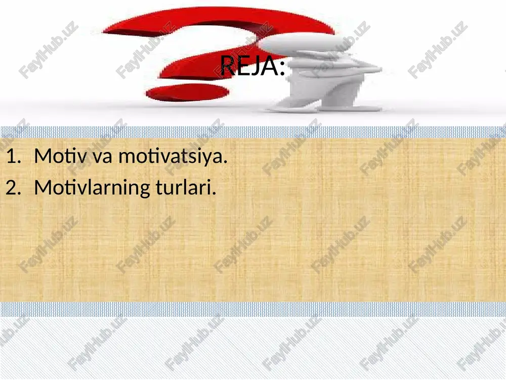 ’a ushlab turadi [_] xushfe’l, o'rtahol ishchi hech kimga hech qanday muammo tug’dirmaydi l] har doim uchma-uch yashaydi g'olib emas [_] 0z-moz g’alaba ham qozonib turadi, juda muvaffaqiyatsliklarga ham uchramaydi [_] tavakkal qilishni bilmaydi, tavakkaldan gochadi va unga ishonmaydi [_]hayoti oddiy va unda kutilmagan vogealar yo’q mag'lub [_] 0’z muammolari uchun javobgarlikni boshgalarga yuklaydi butun kuchini boshgalarning kutuvlariga mos inson bo’lishga sarflaydi [__] to’satdan baxtli qiladigan mo’jiza haqida orzu qiladi diqgati yo o’tmish, yo kelajakda bo’ladi mag'lub ko’pincha aldaydi, boshgalarni ham, o’zini ham c] hamma yangi narsalardan qo’rqadi tc] boshga odamlar — yulduzlar, kinofilmlar, kitoblarning gahramonilari hayoti bilan yashaydi oc muvaffaqiyatga erishsa-da, omadsizligicha qolaveradi /docprops/thumbnail.jpeg farovonlik d -mavzu: faoliya va motivatsiva bb mwvorraarvar a mourvaviy «x mustaal ‘manchin. c4, satidinow serb rastamjonanich