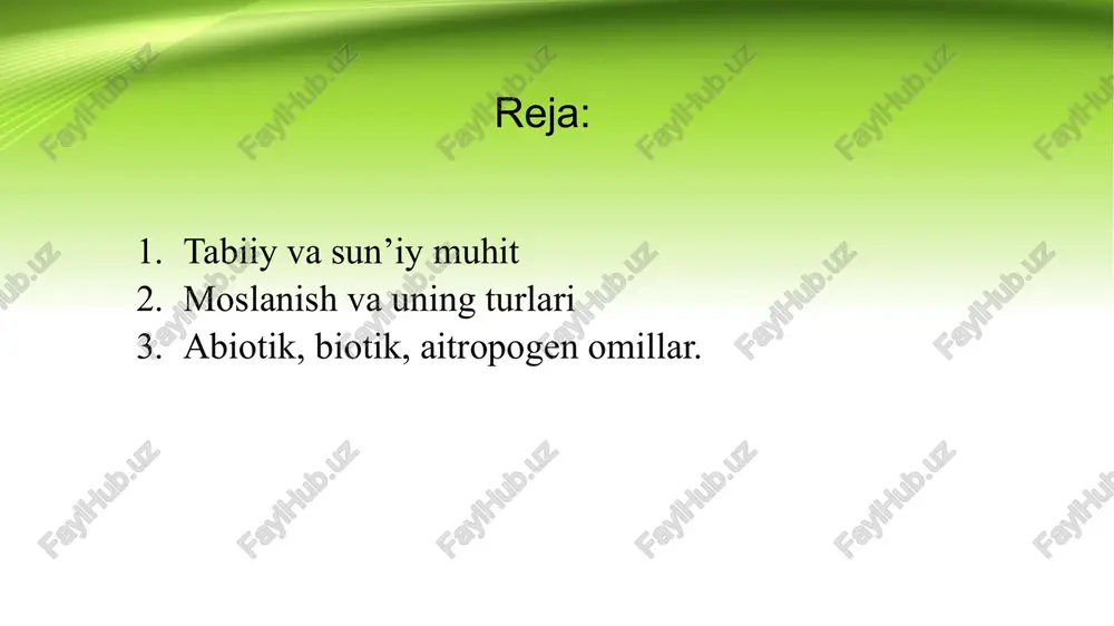 , smartfonlar, robotlar va boshqa texnologik vositalar sun'iy muhitning ajralmas qismidir. ular insonlar uchun ko'plab imkoniyatlar yaratadi va hayotni osonlashtiradi. sun'iy ekotizimlar: bog'lar, parklar, akvariumlar va sun'iy ko'llar kabi joylar ham sun'iy muhitning bir qismidir. ular insonlar uchun dam olish va tabiiy muhitni saqlash imkonini beradi. transport tizimlari: avtomobillar, poyezdlar, samolyotlar va boshqa transport vositalari insonlarni bir joydan boshqa joyga ko'chirish uchun xizmat qiladi. ular sun'iy muhitning ajralmas qismidir. energiya va resurslar: elektr energiyasi, gaz, neft va boshqa resurslar sun'iy muhitda yashash uchun zarur bo'lgan sharoitlarni yaratadi. ular insonlar uchun qulay va xavfsiz hayot sharoitlarini ta'minlaydi. sun'iy muhit inson hayoti va taraqqiyoti uchun muhim ahamiyatga ega bo'lib, u tabiiy muhitga nisbatan ko'plab imkoniyatlar va qulayliklar yaratadi. ammo, sun'iy muhitning tabiiy muhitga ta'sirini kamaytirish va atrof-muhitni saqlash uchun hamma birdek mas'uldir. moslanish va uning turlari moslanish organizmlarning atrof-muhit sharoitlariga moslashish jarayonidir. bu jarayon orqali tirik mavjudotlar o'z hayotiy ehtiyojlarini qondirish uchun …