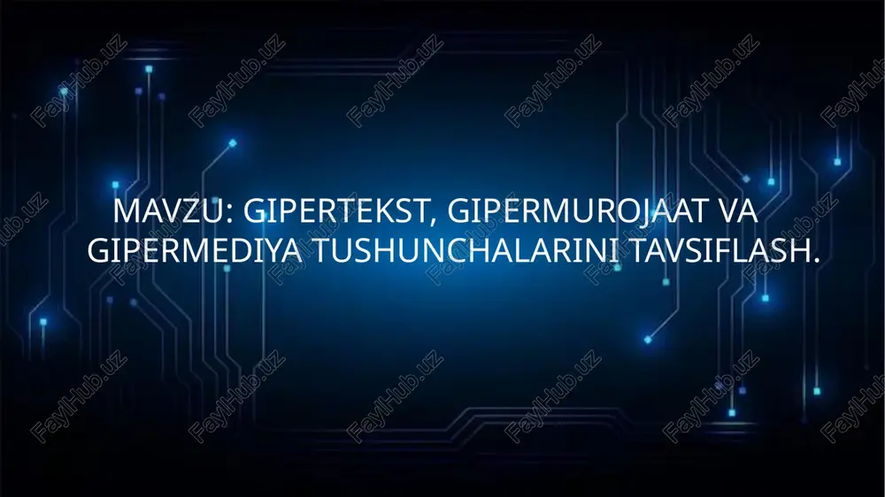 ipermurojaatlar kiradi. ular matnda ajratilgan so`z, tugmacha yoki rasm ko`rinishida bo`ladilar. 1. gipermurojaatlardan foydalanish olisdagi veb serverdan birinchi veb sahifani chaqirishdan boshlanadi. sahifaning bir joyidan ikkinchisiga o`tish uchun ham gipermurojaatlardan foydalaniladi. nisbiy gipermurojaatlar bita serverda joylashgan sahifalarni chaqirish uchun ishlatiladi. nisbiy gipermurojaatlarda sahifalarning bir-birlariga nisbatan joylashuvidan foydalaniladi. gipermurojaatlar ikki xil bo`ladi: nisbiy va mutloq. mutloq gipermurojaatlarda “o`lik” bog`lanishlar, yani ishlamaydigan bog`lanishlar paydo bo`lishi mumkin. masalan, sizning saytingizdan murojaat qiladigan boshqa sayt sizga ma'lum qilinmasdan boshqa joyga ko`chirilishi mumkin va bu “o`lik” bog`lanish paydo bo`lishiga olib keladi gipermedia atamasi ted nelson tomonidan 1965 yilda oʻzining “kompleks axborotni qayta ishlash: kompleks uchun fayl tuzilishi, oʻzgaruvchan va noaniq” asarida kiritilgan . matndan tashkari boshka shakldagi ma’lumotlar ni xam beruvchi xujjatlar gipermedia xujjatlari deyiladi. image2.jpeg image3.png image4.jpeg image5.jpeg image6.jpeg image7.jpeg image8.jpeg image9.jpeg image10.jpeg image11.jpeg image12.jpeg image13.jpeg image14.jpeg image15.png image16.jpeg image17.jpeg image18.jpeg image19.jpeg image20.jpeg ype erbext= [ees aiseale 7 ier £ e’tiboringiz uchun rahmat !!! …