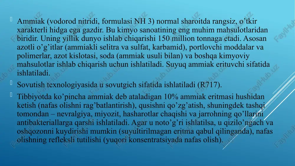 na uchun 6,7 – 7,4 gkal energiya resurslari sarfi e’lon qilinadi. ammiak ishlab chiqarishning sanoat usuli vodorod va azotning bevosita o’zaro ta’siriga asoslangan: n2 + 3h2 ⇄ 2nh3+ + 91,84 kdj bu haber jarayoni deb ataladi (bu usulning fizik va kimyoviy asoslarini ishlab chiqqan nemis fizigi). reaksiya issiqlik chiqishi va hajmning pasayishi bilan sodir bo’ladi. shuning uchun le shatelier printsipiga asoslanib, reaktsiya mumkin bo’lgan eng past haroratlarda va yuqori bosim ostida amalga oshirilishi kerak, shunda muvozanat o’ng tomonga siljiydi. ammo past haroratlarda reaktsiya tezligi o’zgarmaydi, yuqori haroratda esa teskari reaktsiya tezligi oshadi. katalizatordan foydalanish (al2o3 va k2o qo’shilgan temir) muvozanat holatiga erishishni tezlashtirishga imkon berdi. qizig’i shundaki, ushbu rol uchun katalizator qidirishda 20 mingdan ortiq turli xil moddalar sinab ko’rildi. harorat 500 °c; 350 atmosfera bosimi; katalizator. bunday sharoitlarda ammiakning chiqishi 30% ga teng. sanoat sharoitida aylanish printsipi qo’llaniladi, ammiak sovutish bilan chiqariladi va reaktivdagi azot va vodorod sintez ustuniga …