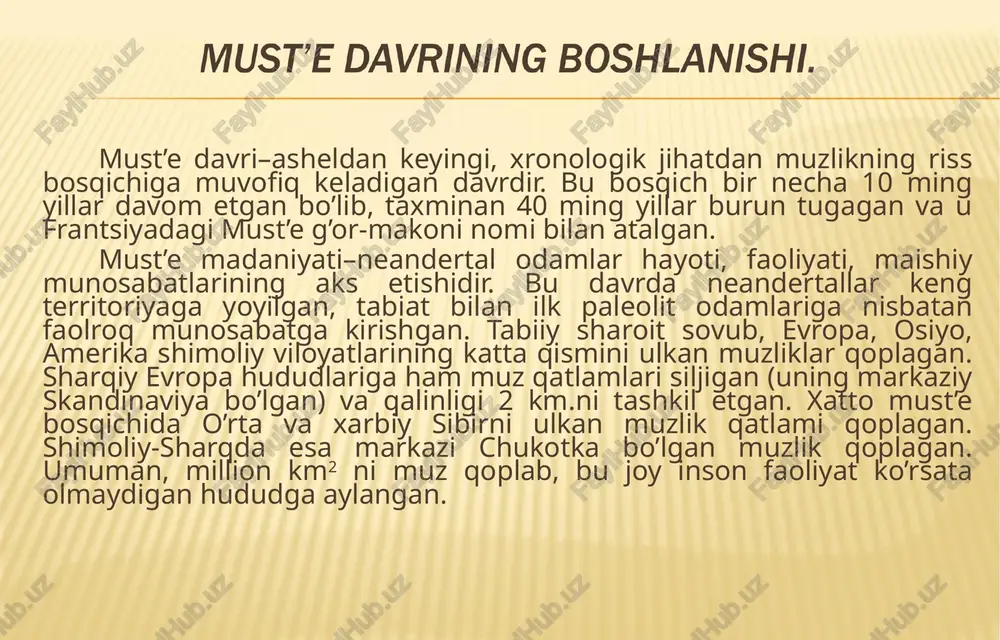 gan. gorlarga joylashgan odamlarni uzoq vaqt kollektiv mehnat faoliyati bog’lab kelgan. ularning asosiy xo’jalik mashg’uloti – ovchilik bo’lib, u ehtiyojni qondirishdagi asosiga aylandi. odamlarning birgalikda yashashi va uning zaruriyatga aylanishi («kollektivda» yoki g’or ichida) ichki maishiy munosabatlarni shakllanishiga olib keladi. must’e bosqichi ibtidoiy jamiyat ishlab chiqaruvchi kuchlari rivojlanishida katta ahamiyat kasb etadi. chunki bu davrda o’zining ishlab chiqarish funktsiyalariga ko’ra turli tuman bo’lgan tosh qurollar paydo bo’ladi. hozirgi kunda must’e madaniyat qurollarining 60 turi topib o’rganilgan. chaqmoqtosh qurollar yasashning yangi texnikasi must’e davrida keng yoyildi. qurollar yasashning yangi usuli yorma texnika deb ataladi. bu usul orqali tosh qurolning bosh tomoni urib uchirilib, tekis maydonga hosil qilinadi. u zarb maydonchasi deb ataladi. shunday maydoncha hosil bo’lgandan keyin uning chetlaridan avvalgi texnika usuli vositasi bilan hosil qilish mumkin bo’lmagan yupqa tosh parchalarini birin-ketin uchirib olishga imkon tug’ilgan. tosh parrakchalar uchirib olinib bo’lgach, nihoyat tosh bo’lagidan boshqa uchirib bo’lmaydigan, tashqarisi tarashlangan o’zak qolgan. …