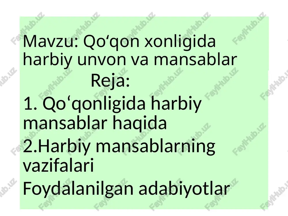 g'alla oluvchi), javgir (bug'doy oluvchi) va sarpo oluvchi sifatida qayd etilgan. ba'zan yovar biror ariq (jo'y) yoki anhorga ham sohib bo'lib, xizmati uchun «mirobona» haq olgan. ba'zi hujjatlarda yovar to'pchilar dastasining boshlig'i hamda qurol yasovchilar ustaxonasining sardori sifatida tasvirlangan. mahalliy manbalardan «tarixi alimquli amirlashkar» asarida xayr muhammad yovar amirlashkar shaxsiy dastasining boshlig'i sifatida tilga olingan. to'pchiboshi — to'pchilar boshlig'i. to'qsabo — o'zlarining tug'iga ega bo'lgan harbiy dastaning boshlig'i (buxoroda vii darajali mansabdor sanalgan.) ponsadboshi — besh yuz nafar askardan iborat guruhning rahbari. yuzboshi — yuz kishilik dastaning boshlig'i. panjohboshi (ellikboshi; «elboshi» emas) — ellik nafarlik harbiy to'bning sardori. dahboshi (o'nboshi) — o'n nafarlik jangovar dastaning sardori. qorovulbegi — soqchilar va qorovullarning boshlig'i. harbiylar qatoriga askar, sarboz, no'kar (navkar), mergan, mahram (mulozim ma'nosida), botur, jazoilchi, to'pchi, zanbarchi (to'pchi va jazoilchining yordamchisi), qo'rchi, qorovul (soqchi) kirardilar. qo'shinda yana nog'orachilar, karnaychi, surnaychi, dafchi (katta nog'oralarni chaluvchi), ko's va duhulchilar, tug'chi (bayroqbardor) ham xizmat …