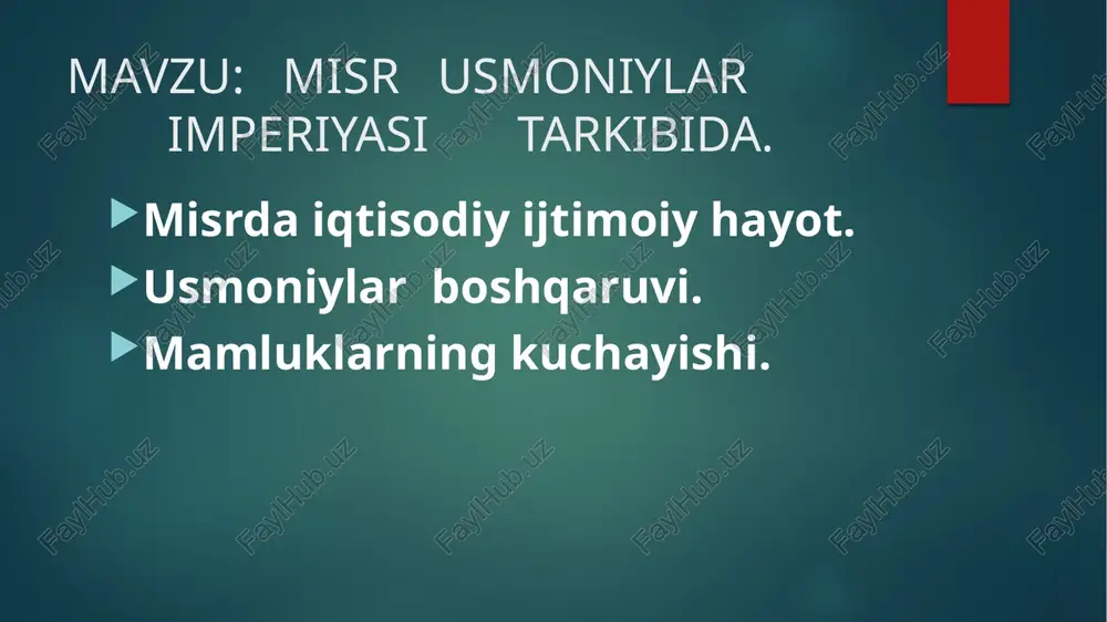 arab hech vaqt mamluk bo’lolmas edi. yuqori mansabga ko’tarilgan mamluk drujinachisi beyga aylanardi. bu beyning barcha drujinachilari yagona guruhni tashkil etardi. bey o’lgach, uning unvoni va mulki ko’pincha oddiy drujinachilarga o’tardi. xviii-asrda 24 ta beylik mavjud bo’lib, ularning eng qudratlisi qohirada joylashgan edi. 1769-yilda rus-turk urushi boshlangach, mamluklar hukmdori alibey misrni usmoniylar imperiyasidan mustaqil deb e’lon qildi va tez orada “misr va ikki dengiz sultoni” unvonini oldi. dastlab alibeyning turklarga qarshi kurashi muvaffaqiyatli bordi, lekin tez orada mamluk beylari o’rtasida boshlangan qurolli kurash alibeyni mag’lubiyatga olib keldi. natijada turklarning hukmronligi qayta tiklandi. 1517-yilda turk sultoni salim i misrni egallab, uni usmonli turk davlati tarkibiga qoʻshib oldi. xviii-asr 2-yarmidan usmonli turk saltanati tanazzulga uchray boshladi. bundan foydalangan mamluk beklaridan alibey mustaqil davlat tuzishga erishdi (1769), alibeyning vafotidan soʻng taxt uchun kurash kuchaydi. xviii-asr oxiri — xix-asr boshlarida fransiya va angliya misrni bosib olishga harakat qildilar. 1798-yilda misrni napoleon armiyasi egalladi. 1801-yilda …