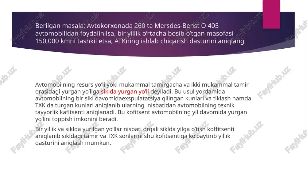 alash’’ toshkent 2006 yil 3. > o’zbekiston respublikasi qonuni. –t, > nashriyot matbua konkursi, 1998 yil . image1.jpeg image2.png image3.png vv vvvyyv formulasi’ d.=—— kun y [kun] bu yerda; ls>>> tsikl oralig’ida avtomobilning yuradigan yo'li; [km] texnik tayyorganrlik kafitsenti quyidagicha foydalaniladi. di=— de+dsx-jts lnom og al = ne 260= 433,33 nw=433,33 2 neg at = no nin 60-433,33 = 433,33 ni=433,33 45,000 45,000 3.ne oan ai - noa a 260- 433,33 =866,66 nao=866,66 4, nae st ai noo“ num noa a 260- 433,33 -866,66-433,33=866,66 nis=866,66 /docprops/thumbnail.jpeg mustaqil ishi