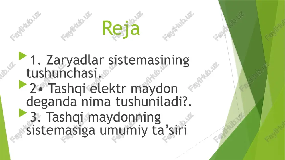shgan boʻladi. zaryaddan juda uzoq nuqtaning masofasi zaryad oʻlchamlariga nisbatan juda katta boʻlishi mumkin. tekshirilayotgan masofaga nisbatan oʻlchamlari cheksiz kichik boʻlgan zaryad nuqtaviy zaryad deyiladi. elektr maydon — elektr zaryadlar yoki oʻzgaruvchan magnit maydon hosil qilgan fizik maydon. vaqt boʻyicha oʻzgarmaydigan elektr maydon elektrostatik maydon). elektr maydon tushunchasini birinchi boʻlib m. faradey xix asr 30-yillarida kiritgan. elektr maydon materiyaning maydon koʻrinishidir. materiyaning har qanday oʻzgarishlari, ularning oʻzaro taʼsirlari vaqt oraligʻida va fazoda roʻy beradi, har qanday fizik taʼsir faqat chekli tezlik bilan tarqaladi. elektrlangan jismlarning bir-biriga taʼsiri, ularning harakati elektr maydonlari tufaylidir. elektr zaryadlar bir-biriga bevosita emas, balki bilvosita taʼsir etadi. har bir zaryad d oʻz atrofidagi fazoda elektr maydon harakat qiladi va shu maydon orqali boshqa maydonga taʼsir etadi demak, elektr maydonning asosiy xususiyatlaridan biri mavjud boʻlgan elektr maydonga zaryad kiritilganda unga gʻ kuch taʼsir etishidir. elektr maydon elektr maydon kuchlanganligi yo va maydon potensiali f bilan tavsiflanadi. elektr …