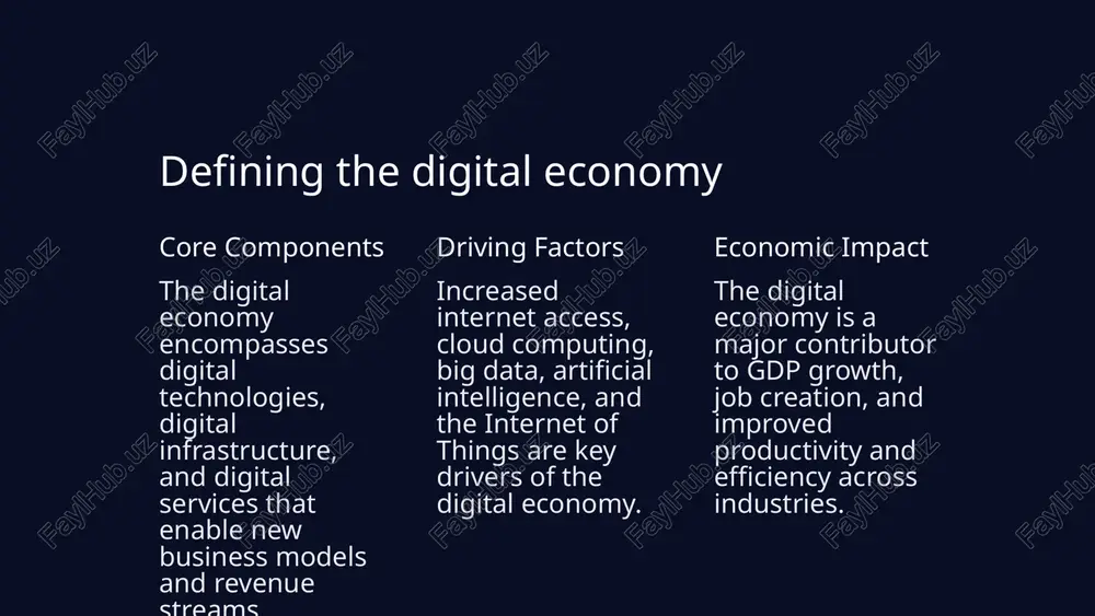 e reliable connectivity will enable new real-time applications and services. increased adoption of ai and automation ai-powered technologies will streamline processes, enhance decision-making, and create new business models. growth of the gig economy flexible, on-demand work facilitated by digital platforms will transform traditional employment models. heightened focus on sustainability digital solutions will play a crucial role in addressing environmental challenges and promoting sustainability. 5 challenges and barriers to digital economy growth digital divide unequal access to digital technologies and infrastructure can exacerbate social and economic inequalities. cybersecurity risks increasing cyber threats and data breaches pose a significant challenge to the security and privacy of digital systems. regulatory hurdles outdated or fragmented regulations can hinder the development and adoption of new digital technologies. 6 best practices and case studies singapore's smart nation initiative investing heavily in 5g, iot, and digital public services to transform the city-state into a leading digital economy. …