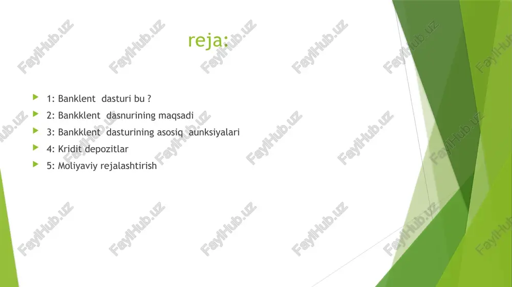 orqali to‘lov • avtomatik to‘lovlar sozlash 3. karta boshqaruvi • karta chiqarish, bloklash/ochish • pin-kodni o‘zgartirish • onlayn to‘lovlarga ruxsat berish/yopish • valyuta kartalarini yaratish yoki boshqarish 4. valyuta amaliyotlari • valyuta kurslarini ko‘rish • valyuta ayirboshlash (konvertatsiya) 5. kredit va omonatlar bilan ishlash • kredit olish, to‘lash yoki jadvalni ko‘rish • depozit ochish/yopish • foiz stavkalarini ko‘rish 6. xavfsizlik va autentifikatsiya • face id/touch id orqali kirish • sms yoki push-bildirishnomalar orqali tranzaksiyani tasdiqlash • muddati tugayotgan kartalarni yangilash haqida ogohlantirish 7. qo‘llab-quvvatlash xizmati • onlayn chat yoki qo‘ng‘iroq orqali yordam olish • bank filiallari va bankomatlar joylashuvini ko‘rish 8. yangi xizmatlarga ulanish • investitsiya yoki sug‘urta xizmatlariga ulanish • cashback va bonus tizimlaridan foydalanish 4: kridit depozitlar kredit nima? kredit — bu bank yoki boshqa moliyaviy muassasa tomonidan mijozga vaqtincha beriladigan pul mablag‘i bo‘lib, uni ma’lum foiz stavkasi bilan belgilangan muddatda qaytarish talab qilinadi. • turlari: iste’mol krediti, …