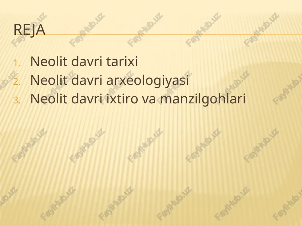 qtoshlardan yasalganligi bilan ham ajralib turadi. ularning har biri alohida geografik muxitga ega bo’lgan yerlarda joylashgan. neolit davri iqlimi hozirgi iqlim sharoitiga yaqin bo’lgan. o’rta osiyoning janubiy—g’arbiy hududining iqlimi issiq , dehqonchilik uchun qulay bo’lgan. markaziy va shimoliy viloyatlarida ham iqlimning isishi yaylov va cho’l zonalarini vujudga keltirgan. bu esa neolit davri jamoalarining hudud bo’ylab keng tarqalishiga olib kelgan. shuningdek, ular mezolit davridagidek daydi hayot kechirmay, o’troq turmush tarziga o’tadilar. doimiy yerto’la, kulba va loy, guvaladan qurilgan uylarda yashay boshlaydilar. o’troq turmush tarzi janubiy hududlarda dehqonchilikning kelib chiqishiga, cho’l mintaqalarda esa o’troq ovchilik xo’jaligining qaror topishiga olib keldi. neolit davri madaniyati mesopotamya yozuvining neolit urug’lari ozarbayjon neolit davri keromikasi oqchadaryo havzasidagi 3–4 ta makondan xam yarim yerto’la va chaylalar topilgan. masalan, qavat –7 makonidan maydoni 580kv.mga teng keladigan chayla topilgan. jonbos-4 atrofidagi taqirlardan neolit davriga oid ikkita qabrham topilgan. bu qizilqum mintaqasidan topilgan odam qoldiqlarining dastlabkisi bo’ldi. o’rta osiyo arxeologiyasi …