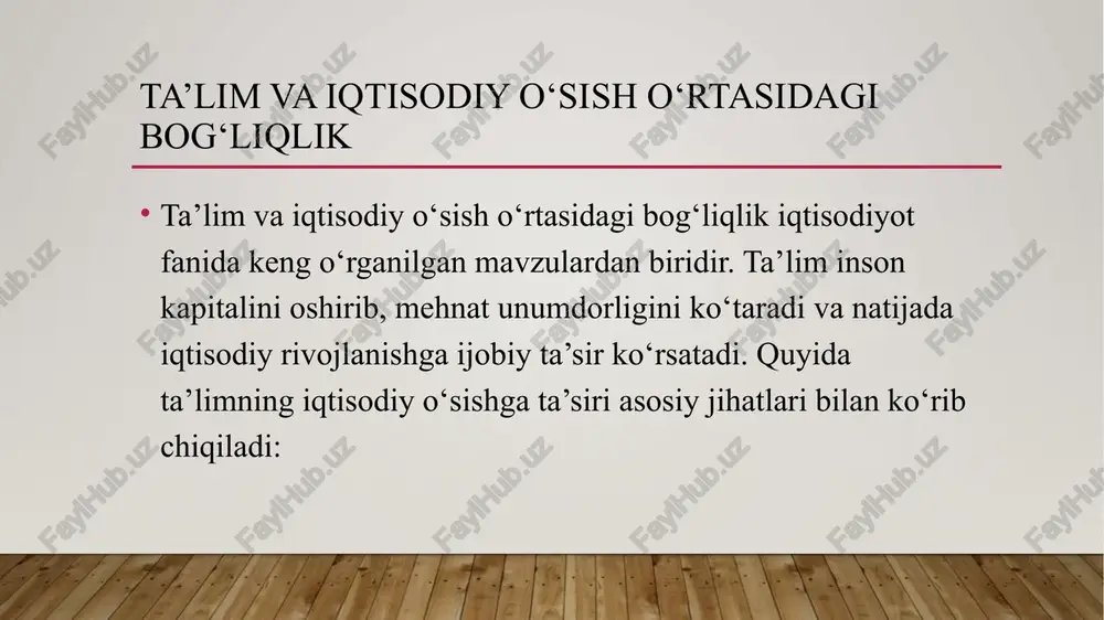 iqtisodiy o‘sishdagi ahamiyatini ta’kidlagan. • uning fikriga ko‘ra, mehnat taqsimoti va malakali ishchi kuchi ishlab chiqarish samaradorligini oshiradi. • bilim va tajriba jamiyatdagi umumiy farovonlikka ta’sir ko‘rsatadi. 2. robert solou (1924–) – neoklassik o‘sish modeli asosiy asari: “a contribution to the theory of economic growth” (1956) • solou modeli iqtisodiy o‘sishni kapital, mehnat va texnologik taraqqiyotga bog‘laydi. • ushbu modelda ta’lim bilvosita ahamiyat kasb etadi, chunki texnologik taraqqiyotni o‘zlashtirish uchun malakali ishchi kuchi kerak. • nobel mukofoti sovrindori (1987). 3. garri bekker (1930–2014) – inson kapitali nazariyasi asosiy asarlari: “human capital” (1964) • ta’limni sarmoya sifatida ko‘rib chiqqan va inson kapitalining iqtisodiy o‘sishga ta’sirini tushuntirgan. • ta’lim olgan odamlarning daromadi yuqoriroq bo‘lishi va ularning mehnat unumdorligi oshishi haqida ilmiy dalillar keltirgan. • nobel mukofoti sovrindori (1992). 4. teodor shults (1902–1998) – inson kapitali va qishloq xo‘jaligi asosiy asari: “transforming traditional agriculture” (1964) • inson kapitaliga sarmoya kiritish iqtisodiy o‘sishga ijobiy …
