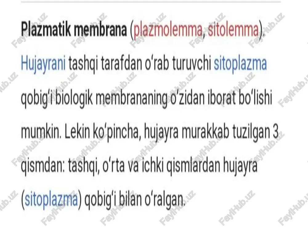 qis-mi esa gidrofil (suvda eruvchan) xusu-siyatga ega. fosfolipid qavatda oqsil molekulalari suzib yuradi. fosfolipid qavati sirtida esa murakkab organik birikmalardan hosil bo‘lgan glikopro-teinlar joylashgan. ular retseptorlar tarkibiga kiradi. plazmatik membrana baryer (to‘siq), moddalarni tashish (transport), regulyator (boshqarish) va katalitik funksiyalarni bajaradi (yana qarang hujayra).!1) sarkolemma — (yunoncha sarco (sarxdan); go‘sht va yunoncha /emma; g'ilof, miolemma deb ham ataladi), skelet mushak tolasi yoki kardiomiotsitni o‘rab turgan hujayra membranasi hisoblanadi""), bu lipid ikki qavatli va bazal membrana bilan aloga qiladigan polisakkarid moddasining (glikokaliks) yupqa tashqi gatlamidan iborat. bazal membranada ko’‘plab yupqa kollagen fibrillalar va laminin! kabi maxsus ogsillar mayjud bo'lib, ular mushak tolasi yopishishi mumkin bo'lgan skelet vazifasini bajaradi. plazma membranasidagi transmembran ogsillari orqali hujayra ichidagi aktin skeleti bazal membrana va hujayraning tashqi qismi bilan bog‘langan bo'ladi. mushak tolasining har bir uchida sarkolemmaning sirt qatlami pay tolasi bilan birlashadi va pay tolalari o'z navbatida to‘plamlarga to‘planib, suyaklarga birikadigan mushak paychalarini hosil qiladi. …