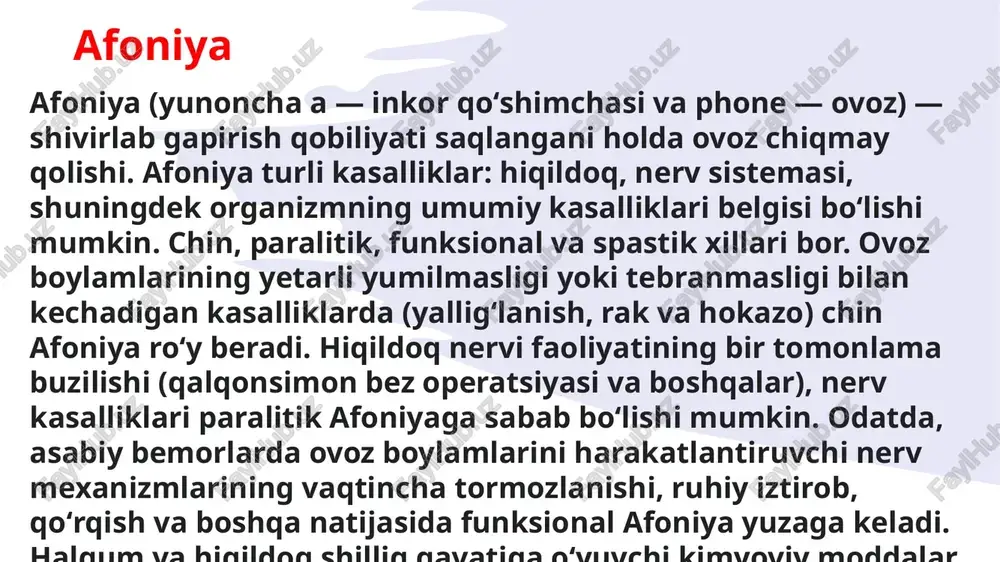 ayonlari inter-va intraverbal sekinlashuv kuylash tovushlarning artikulyatsiyasining buzilishi ovoz buzilishi bradilaliyaning og'zaki bo'lmagan belgilari umumiy vosita ko'nikmalarining buzilishi, qo'llarning nozik motorli ko'nikmalari, barmoqlar, yuzning mimik mushaklari aqliy faoliyatning xususiyatlari (idrok, e'tibor, xotira, fikrlashning sekinligi va buzilishi) bradilaliya tahilaliya (yunoncha tachis - tez, lalia - nutq) sinonimi: taxifraziya (taxifraziya) prosodiya bilan bir qatorda nutqning boshqa jihatlarining buzilishi bilan tavsiflangan murakkab nutq buzilishlari sindromida kussmaul (1879) - disfraziya yu.a.florenskaya (1934) - nutq buzilishining mustaqil shakli, uning tezligi ustunlik qiladi. taxilaliyaning nutq belgilari: nutqning nazorat qilib bo'lmaydigan tezligi va uning fonida - nutq e'tiborining buzilishi, ikkilanish, takrorlash, yutish, bo'g'inlarni, so'zlarni o'zgartirish, gaplarni buzish va boshqalar. interverbal tezlashtirish (m. zeeman) ichki nutq, o'qish va yozishning buzilishi tachilaliyaning og'zaki bo'lmagan belgilari : umumiy motor buzilishlari aqliy jarayonlarning buzilishi avtonom asab tizimining buzilishi xatti-harakatlarning buzilishi tahilaliya duduqlanish — tutilib gapirish; nutq maromining buzilishi, harf va boʻgʻinlarni tutilib-tutilib yoki bir necha marta qaytarib talaffuz qilish. koʻproq bolalarda …