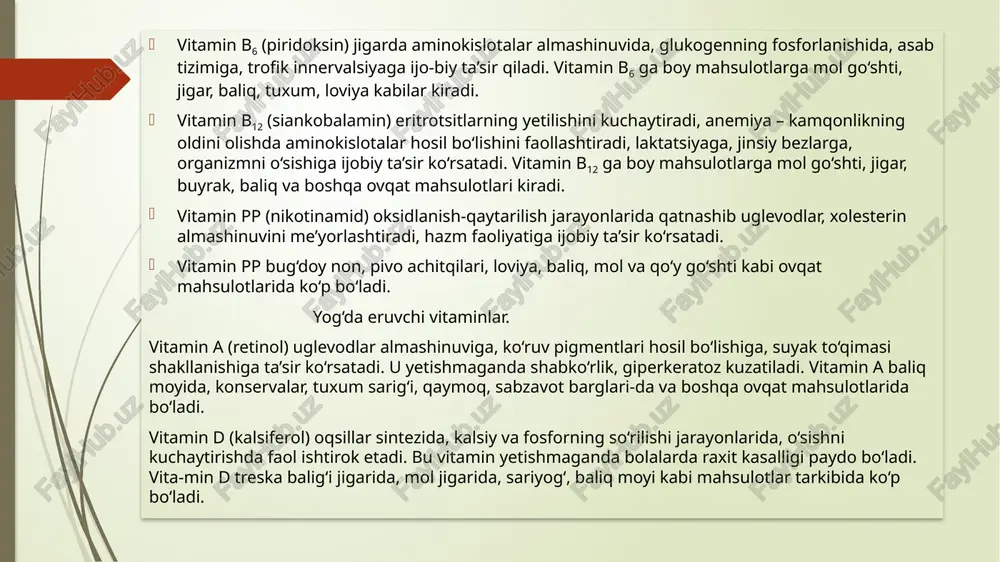 ‘shti, jigar, buyrak, baliq va boshqa ovqat mahsulotlari kiradi. vitamin pp (nikotinamid) oksidlanish-qaytarilish jarayonlarida qatnashib uglevodlar, xolesterin almashinuvini me’yorlashtiradi, hazm faoliyatiga ijobiy ta’sir ko‘rsatadi. vitamin pp bug‘doy non, pivo achitqilari, loviya, baliq, mol va qo‘y go‘shti kabi ovqat mahsulotlarida ko‘p bo‘ladi. yog‘da eruvchi vitaminlar. vitamin a (retinol) uglevodlar almashinuviga, ko‘ruv pigmentlari hosil bo‘lishiga, suyak to‘qimasi shakllanishiga ta’sir ko‘rsatadi. u yetishmaganda shabko‘rlik, giperkeratoz kuzatiladi. vitamin a baliq moyida, konservalar, tuxum sarig‘i, qaymoq, sabzavot barglari-da va boshqa ovqat mahsulotlarida bo‘ladi. vitamin d (kalsiferol) oqsillar sintezida, kalsiy va fosforning so‘rilishi jarayonlarida, o‘sishni kuchaytirishda faol ishtirok etadi. bu vitamin yetishmaganda bolalarda raxit kasalligi paydo bo‘ladi. vita-min d treska balig‘i jigarida, mol jigarida, sariyog‘, baliq moyi kabi mahsulotlar tarkibida ko‘p bo‘ladi. vitamin e (tokoferol) oqsillar, yog‘lar, uglevodlar almashinuvini tezlashtiradi. yurak mushaklari va jinsiy bezlar faoliyatini kuchayti-radi. ushbu vitamin yetishmasligi bolalar jinsiy yetilishining kechi-kishiga sabab bo‘ladi. vitamin e o‘simlik moylari, makkajo‘xori, loviya moyi, sabzavotlar va boshqa …