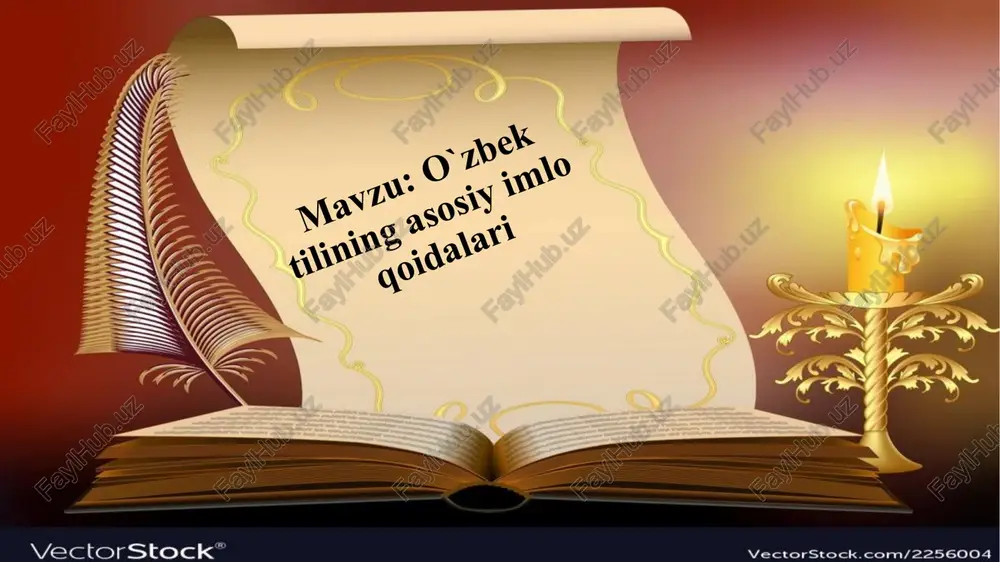 zd, tonna, talon; agronom, mikrofon; direktor, termos kabi o‘zlashma so‘zlardagi unlini ifodalash uchun yoziladi. 3. i i harfi: 1) ish, iz, qil; xirmon, ilhom, ikki, ixtisos, shoyi, tulki; volida, piramida; bilan, biroq, sira, qishloq, chiroq kabi so‘zlarda old qator tor unlini ifodalash uchun yoziladi; 2) o‘tin, o‘rik, bo‘lim kabi oldingi bo‘g‘inida o‘ unlisi keladigan so‘zlarning keyingi bo‘g‘inida i aytiladi va yoziladi. 4. u u harfi: 1) uy, kun; buzoq, buloq, buxoro; butun, uchuq, usul, yulduz; mafkura; ko‘zgu, uyqu; aluminiy, yubiley kabi so‘zlarda orqa qator tor unlini ifodalash uchun yoziladi; 2) qovun, sovun, tovush, yovuz, qirg‘ovul, chirmovuq kabi so‘zlarning oldingi bo‘g‘inida o unlisi kelsa, keyingi yopiq bo‘g‘in boshidagi v undoshidan keyin u aytiladi va yoziladi. 5. o‘ o‘ harfi o‘t, o‘q, o‘zbek, o‘simlik, do‘ppi, bo‘tako‘z, semizo‘t, gulko‘rpa, noo‘rin kabi so‘zlarda orqa qator o‘rta-keng unlini ifodalash uchun yoziladi. 6. e e harfi ekin, esla, evara, ekran, eksport; kel, zehn; kecha, behi; telefon, …