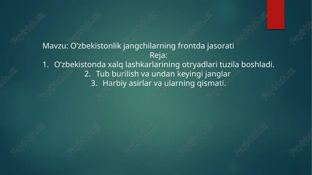 dushmanning 8 000 nafar askar va ofitserini qirib tashladi. gvardiyachi generalmayor s.rahimov 1945-yil 26-mart kuni polshadagi gdansk (dansig) shahrini shturm qilish vaqtida halok bo‘lgan. o‘zbek xalqining shonli farzandiga 1965- yil 9-mayda sovet ittifoqi qahramoni unvoni berildi zebo g’aniyeva o‘zbe- kistonliklar yevropadagi qarshilik ko‘rsatish harakati saflarida, polsha, bolgariya,vengriya, ruminiya, chexoslovakiya, italiya, gretsiya, avstriya, yugoslaviya, fransiya va boshqa davlatlarni fashizmdan ozod etishda faol qatnashdilar, partizan qo‘shilmalarida jang qildilar. 1945-yil 9-mayda gitlerchilar germaniyasi butunlay tas- lim bo‘ldi. berlinni zabt etgan jangchilar orasida sovet it- tifoqi qahramoni unvoniga sazovor bo‘lgan toshkentlik botir boboyev va solih umarov, marg‘ilonlik tojiali boboyev ham bo‘lgan. o‘zbekistonlik jangchilarning sobir raximov etiboringiz uchun raxmat. image6.png image7.jpg image8.png image9.jpg image10.jpg image11.jpg image12.jpg image13.jpg image14.jpg image2.png image3.png image4.png image5.png o‘zbek diviziyalarining tashkil gilinishi. urushning dastlabki kunlaridagi janglar. /docprops/thumbnail.jpeg mustaail ishi