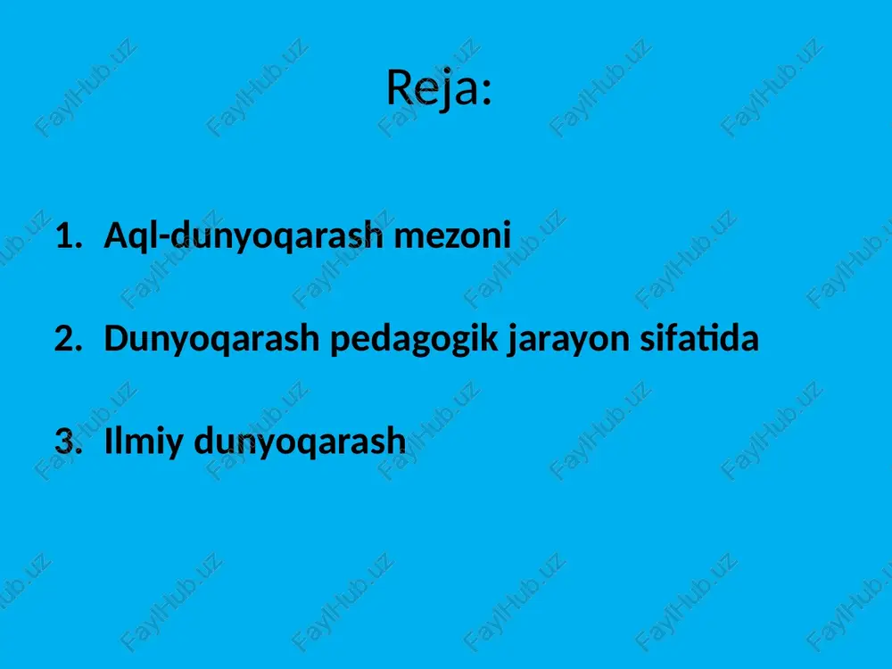 insondir. inson o`z go`zalligi va murakkabligi bilan yer yuzidagi barcha mavjudotlardan afzaldir. insonning tafakkuri, aqli bor. u shu aql yordamida ilm egallaydi. ilm tufayli dunyoni biladi va uni boshqaradi. hayvonlar tabiatga u qanday bo`lsa, shundayligicha moslashib yashayveradilar. inson esa tabiatni o`ziga moslashtiradi, o`zgartiradi. dunyoni bilishda ijtimoiy-tarixiy amaliyot, tafakkur va u bilan bog’liq bo`lgan til materialistik dialektikaning bilish nazariyasi uchun asosdir. dunyoni bilish, idrok qilish tashqi dunyoni inson sezgilari orqali aks ettirishdan boshlanadi. ilmiy dunyoqarash ijtimoiy-tarixiy hodisa sifatida doim vorislik asosida rivojlanadi. o`tmish dunyoqarashlari yangi davr dunyoqarashining ildizini tashkil etib, uni kerakli hayotbaxsh ozuqa bilan ta`minlab turadi yoshlarni tarbiyalashda, ularni axloq-odobli, tartib-intizomli qilishga, ota-onaga mehribon bo`lishlarida, matonatli, chidamli, mehnatsevar,vatanparvar, insonparvar bo’lib shakllanishida mas’uldir. dunyoqarashning shakllanishida har bir ota-ona ularni yoshlik chog’idan sabr-toqatli, bardoshli,quntli, qanoatli bo`lishga o`rgatmoqlari shartdir. ilmiy dunyoqarash xususida gap borganda avvalo, o`quvchilar, yoshlar, unga zid, qarama-qarshi turgan diniy, fantastik, mifologik, ateistik va boshqa g’ayri ilmiy dunyoqarashlar borligi uchun ham …