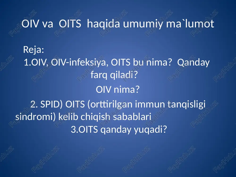 ning eng o’gir bosqichi bo’lib, unda odamning immun tizimi qattiq izdan chiqadi yoki “yetishmovchiligi” kelib chiqadi. bu bosqichda qon tarkibidagi cd4 hujayralar miqdori kamayib ketadi. orttirilgan immunitet tanqisligi sindiromi 1981-yilning iyun oyida birinchi marta aqshning nyu-york va san-fransizko shaharlarida yosh erkaklar orasida yuqumli kasallik va teri o’smalarining ko’paygani haqida xabarlar paydo bo’ldi. ularda, o’pka yallig’lanishining, parazitlar kuzatuvchisi pnevmotsista (karinini) keltirib chiqarayotgani, hamda shilliq qavatlarning zamburug’lar (kandida) bilan zararlanishi, o’smalar (limfoma) paydo bo’lishi, sporalar va virus bilan zararlanganlarda bosh miya kasalliklari kelib chiqishi kuzatilgan. bu mikroorganizmlar sog’lom odamlar uchun xafvsiz bo’lgani holda, uning immun tizimi pasayganda, jadallik bilan rivojlanish xususiyatiga ega. 1986-yilda dunyoda 40 ming kishi oits bilan kasallangan, aqshda 30 mingga yaqin, fransiya va braziliyada 1 mingga yaqin, markaziy afrikada 4 mingga yaqin, angliya va boshqa mamlakatlarda 0.5 ming atrofida kasallanganlar qayd etilgan. 1987-yilda efiopiya, mozambik, gvineya-bisaudan kelgan fuqarolarning oitv bilan zararlangani aniqlangan. 1989-yil mamlakatimiz fuqarosida ham oitv infeksiyasi aniqlanadi: …