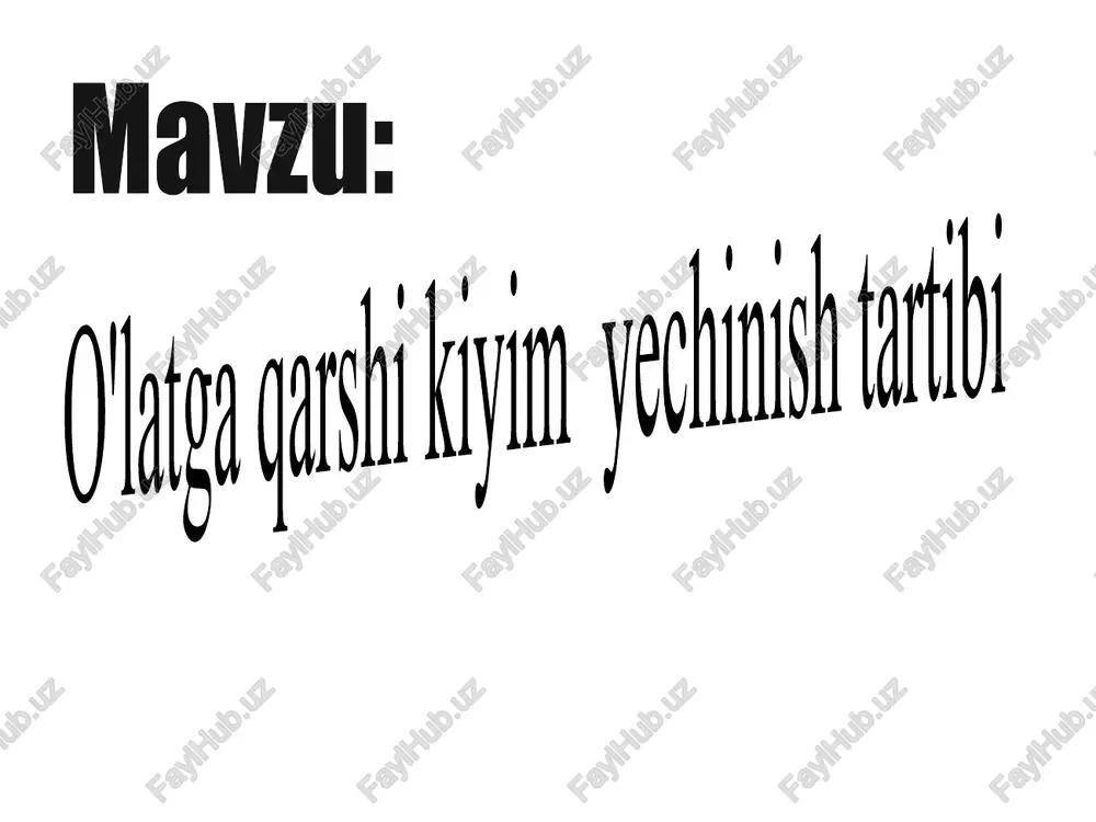an va qayrilgan xalat o'raladi va dezeritmali metallik bakkaga joylashtiriladi. 18. qo'llarga ishlov berilgandan so'ng ro'mol yechiladi, dastlab tugunlari ochiladi. 19. ro'mol oxirlari qo'lga yig'iladi va … 20. … ro'mol asta–sekin tashqi tomoni ichkariga qilib aylantiriladi 21. yuz sohasiga tegmasligini ta`minlash maqsadida ro'mol ensa sohasida aylantirilgan holda yig'iladi,. 22. asta –sekin qo'lqoplar yechiladi (ikkalasini bir vaqtda). 23. qo’lqoplarni yechishda ular o’giriladi. 24. qo’lqop yechilgandan so’ng ular dezeritmaga soliunadi. 25. qo'lqoplar dezeritma bilan to'ldiriladi. 26. qo'qoplar bevosita dezeritma bilan to'ldirilib, ularning butunligi tekshiriladi. 27. ikkilamchi ishlov berilgandan so'ng etiklar qo'l ishtirokisiz yechiladi. 28. etiklar yechilgandan so'ng mutaxassis ish kiyimida bo'la turib (pijamada) boks oldi xonasidan «toza» xonaga o'tadi. 29. etiklar yechishning ketma – ketligi 30. qo'llar 70 % spirt bilan ishlov beriladi, iliq suvda sovun bilan yuviladi. image1.jpeg image2.jpeg image3.jpeg image4.jpeg image5.jpeg image6.jpeg image7.jpeg image8.jpeg image9.jpeg image10.jpeg image11.jpeg image12.jpeg image13.jpeg image14.jpeg image15.jpeg image16.jpeg image17.jpeg image18.jpeg image19.jpeg image20.jpeg image21.jpeg image22.jpeg image23.jpeg image24.jpeg …