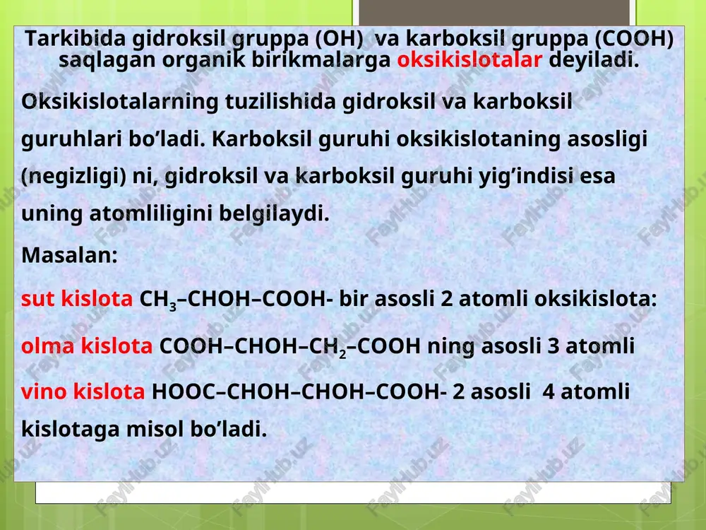 r. oksikislotalar bifunksional moddalar (molekulasida xam gidroksil xam karboksil grupasi) bo’lganligi sababli spirtlarga va kislotalarga xos barcha reaksiyalarga kirishadi. barcha oksikarbon kislotalar spirtlar bilan reaksiyaga kirishib murakkab efirlar xosil qiladi. gidroksil gruppasi bo’yicha reaksiyalar(on) alkillash reaksiyasi 2-metoksibutan kislota 2-oksibutan kislota alisillash reaksiyalari atsetil xlorid 2-atsetoksibutan kislota gidrogalogenlash reaksiyalari 2-xlorpropan kislota oksidlanish reaksiyasi 2-oksopropan kislota ikki funksional gruppa ishtirokidagi reaksiyalar: ( pcl5) bilan reaksiyasi 3-xlorpropan kislotaning xlorangidridi 3-oksibutan kislota ammiak bilan reaksiyasi ammoniyli tuz 3-aminobutan kislota qizdirilganda oksikislotalar oksikislotalar oksikislotalar oksikislotalar 2-oksibutan kislota laktid qizdirilganda oksikislotalar 3-oksi-2-metilbutan kislota 2-metil-2-buten kislota qizdirilganda oksikislotalar 4-oksipentan kislota lakton ishlatilishi asetilsalitsil kislota haroratni (kasal isitmasini) pasaytiruvchi dori sifatida, salol esa ichak yo’llarini dezinfeksiya qilishda medisinada keng ishlatiladi. salitsil kislota o’zi har xil surkov dorilari tarkibida antiseptik sifatida teri kasalliklarida va oziq-ovqat mahsulotlarini konservalashda ishlatiladi. e’tiboringiz uchun raxmat!!!!! ch 3 - ch - cooh oh hooc - ch - cooh oh odnoosnovnaya oksikislota dvuxosnovnaya oksikislota ch …