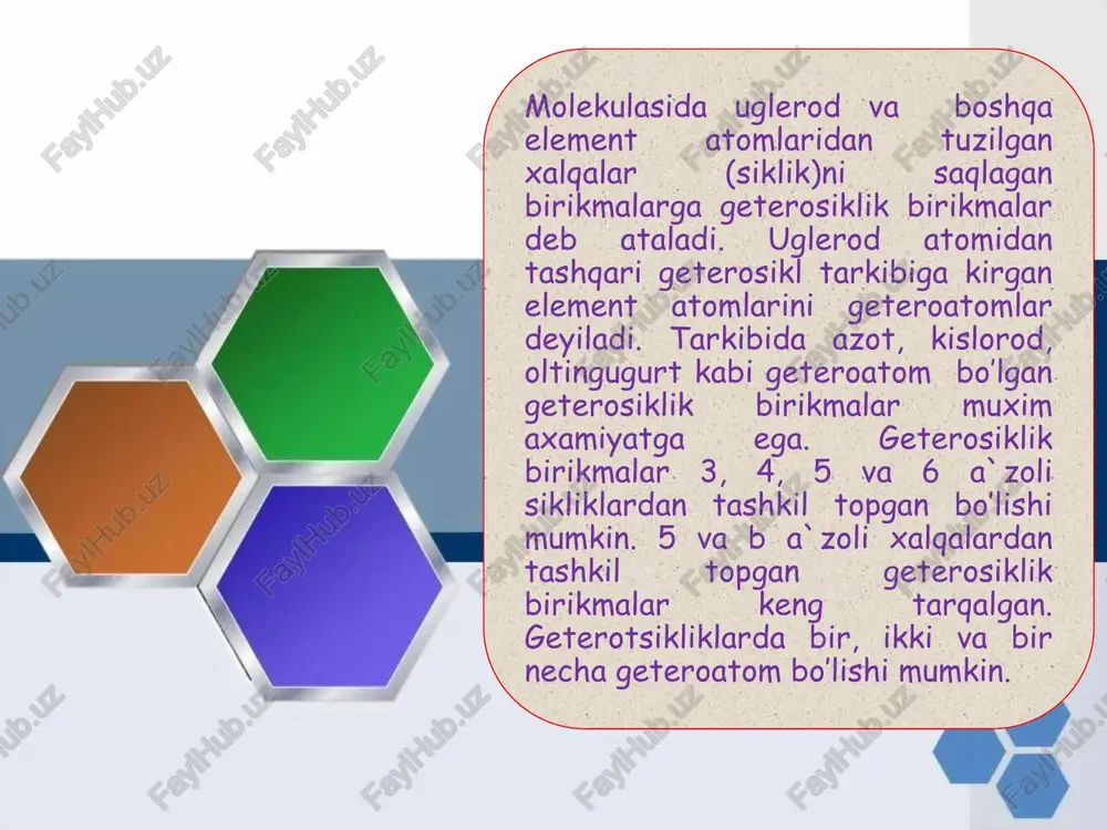 inga aylanadi: pirrolidin pirrolin pirrolning gidrogenlanishidan xosil bo’lgan pirrolin va pirrolidinlar kuchli asos xossasiga ega. xinolin sistematik nomi: xinolin kimyoviy formulasi: c9h7n molyar massasi: 129.16 g/mol zichligi: 1.093 g/sm³ suyuqlanish temperaturasi : -15 °c qaynash temperaturasi: 238 °c xinolin – geterosiklik qatorning organik birikmasi. fosfor, oltingugurt uchun erituvchi sifatida, organik bo’yoqlar sintezida ishlatiladi. uning birikmalari meditsinada ham ishlatiladi (plazmosid, xinin). xinolin olinishi: izoxinolin sistematik nomi: izoxinolin kimyoviy formulasi: c9h7n. suyuqlanish temperaturasi : 24,5°c qaynash temperaturasi: 243 °c izoxinolin – geterosiklik qatorning organik birikmasi. rangsiz kristall modda, suvda yaxshi erimaydi, xinolinga nisbatan kuchliroq alkoloidlar alkaloidlar tarkibida azot atomi tutgan, asos xossalariga ega bo’lgan ayrim o’simliklar tarkibida uchraydigan, odam va xayvon organizmiga kuchli fiziologik ta`sir qiladigan murakkab organik birikmalardir. o’zbekiston olimlarining alkaloidlar kimyosini rivojlanishda qo’shgan xossalari ittifoqda emas, dunyo miqyosida xam ma`lumdir. sotsialistik mexnat qaxramonlari akademik s. yu. yunusov, o. s. sodiqov va ularning shogirdlari katta ilmiy-tadqiqod ishlarini olib bormoqda. quyida eng …