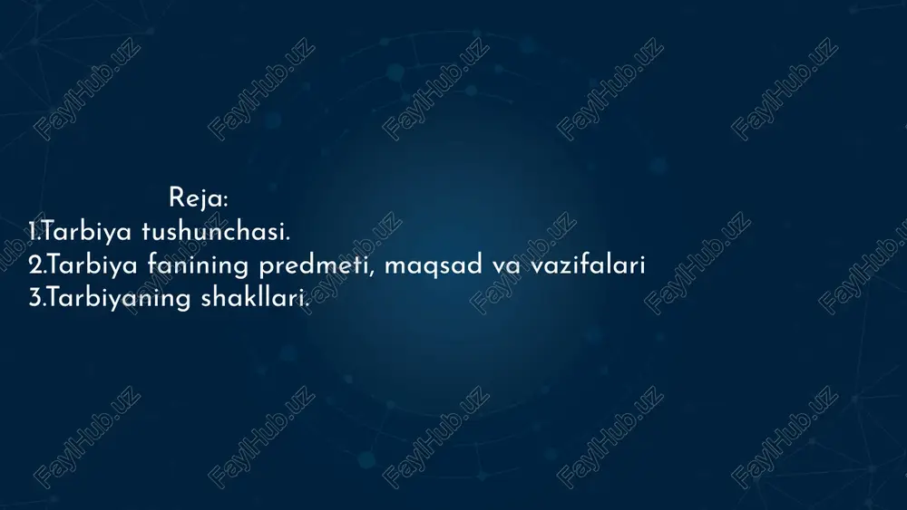 lki butun ijtimoiy tuzum, uning yetakchi g‘oyalari, adabiyot, san’at, kino, radio, televidenieva boshqalarni ham o‘z ichiga oladi. shuningdek, keng ma’nodagi tarbiya tushunchasi ichiga ta’limva ma’lumotolish ham kiradi. tor ma’noda tarbiya shaxsning jismoniy rivoji, dunyoqarashi, ma’naviy-axloqiy qiyofasi, estetik didi o‘stirilishiga yo‘naltirilgan pedagogik faoliyatni anglatadi. buni oilava tarbiyaviy muassasalar hamda jamoat tashkilotlari amalga oshiradi. ta’lim va ma’lumot olish tor ma’nodagi tarbiya ichiga kirmaydi. lekin har qanday tarbiya ta’lim bilan chambarchas bog‘liq holdagina mavjud bo‘ladi. chunki ta’lim va ma’lumot olish jarayonida shaxsning faqat bilimi ko‘payibgina qolmay, balki axloqiy-ma’naviy sifatlari qarortopishi ham tezlashadi tarbiya har qanday jamiyat va har qanday mamlakathayotida halqiluvchi ahamiyat kasbetadi. yosh avlodning, umuman, jamiyat a’zolarining tarbiyasi bilan yetarlicha shug‘ullanmagan mamlakat turg‘unlikva inqirozga mahkumdir. negaki, o‘sishi va rivojlanishi uchun har qanday jamiyatda ham moddiy va ma’naviy boyliklar ishlab chiqarish to‘xtovsiz ravishda yuksalib borishi lozim. buning uchun yosh avlodmoddiy va ma’naviy boyliklar yetishtirishni ajdodlari darajasida, ulardan ham yaxshiroq ishlab chiqara bilishlari kerak. …