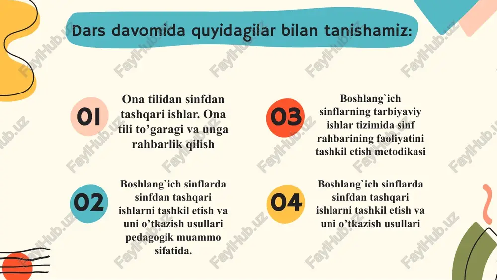 a mujassamlashtirishi lozim. ona tili xonalarida ish qog’ozlaridan namunalar bo’lsa, o’quvchilar uchun ancha foydali bo’ladi. metodbirlashma ona tili xonalarini zarur o’quv-tasviriy qo’llanmalar bilan ta’minlashga alohida e’tibor berishi lozim. ona tilidan sinfdan tashqari ishlarga savol-javob kechalari, uchrashuvlar, o’tkir zehnlilar mushoirasi, so’zlar olamiga sayohat, ko’rik-tanlovlar o’tkazish kabilar kiradi. savol-javob kechasida o’quvchilar o’zlarini qiziqtirgan savollarga javoblar olishadi. kechaga tayyorgarlik 1-1,5 oy oldin boshlanadi. o’quvchilar maktabda tashkil etilgan qutiga o’zlarini qiziqtirgan savollarni yozib tashlaydilar. bu savollar mavzu jihatdan har xil bo’lishi mumkin. “boshlangʻich ta`lim oʻqish, yozish, sanash, oʻquv faoliyatining asosiy malaka va koʻnikmalari, ijodiy fikrlash, oʻzini-oʻzi nazorat qilish uquvi, nutq va xulq-atvor madaniyati, shaxsiy gigiyena va sogʻlom turmush tarzi asoslarining egallab olinishi ta’minlashga da’vat etilgan. boshlangʻich sinflarda sinfdan tashqari oʻqishda kichik yoshdagi oʻquvchilarni ona tilini puxta oʻzlashtirishga tayyorlashning ajralmas qismi, ta’lim jarayonida ularni axloqiy-estetik tarbiyalashning muhim vositasi sifatida qaraladi. sinfdan tashqari oʻqishning maqsadi – kichik yoshdagi o’quvchilarni bolalar adabiyoti va xalq og’zaki ijodining xilma-xil …
