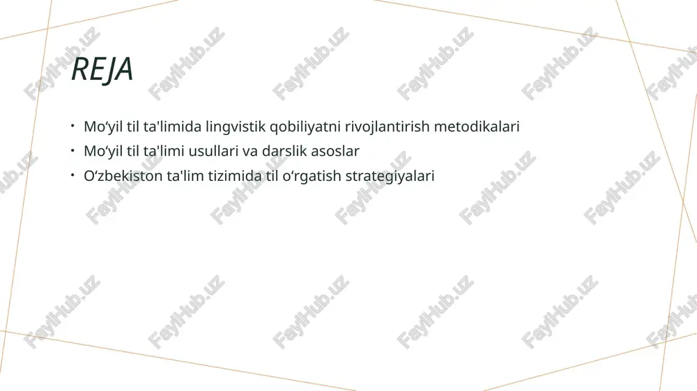 rning amaliy mashg'ulotlari o'quvchilarga tilni o'rganish uchun amaliy mashg'ulotlar tashkil etiladi, bu ularda tilni isbotlash, so'zlashish va yozish amaliyotlari samarali o'rganiladi. 3 mavzuning amaliy jihatlari tilning amaliy o'qitish metodikasi mavzu bo'yicha amaliy mashg'ulotlar, darsliklar va o'quv qo'llanmalari o'quvchilarga tilni samarali o'rganish imkoniyatini ta'minlaydi. til oʻrgatish jarayonida yangi texnologiyalar va dasturlar texnologiyalar dasturlar online platformalar til oʻrgatish jarayonida yangi texnologiyalar foydalanish talablari o'zgarib, o'quvchilarga interaktiv darslarni taqdim etishga imkon beradi. o'quv dasturlari o'zgarib, yangi o'rganish usullarini qo'llab-quvvatlaydi va o'quvchilarga tilni samarali o'rgatishda yordam beradi. onlayn platformalar va ilovalar o'quvchilarga istalgan vaqtda va istalgan joyda tilni o'rganish imkoniyatini beradi va o'quv jarayonini muvaffaqiyatli olib bormoqda. ta'lim nazariyasi va amaliyoti bo'yicha til o'rgatish strategiyalari 1 til o'rgatishning asosiy prinsiplari ta'lim nazariyasi va amaliyoti bo'yicha til o'rgatish strategiyalari asosiy prinsiplarini o'rganish talab etiladi, bu esa o'quvchilarga yo'l ko'rsatishda yordam beradi. 2 ta'lim jarayonida amaliyotni samarali qo'llash o'quvchilarga amaliyotni o'rganishda samarali usullar bilan ta'lim berish, …