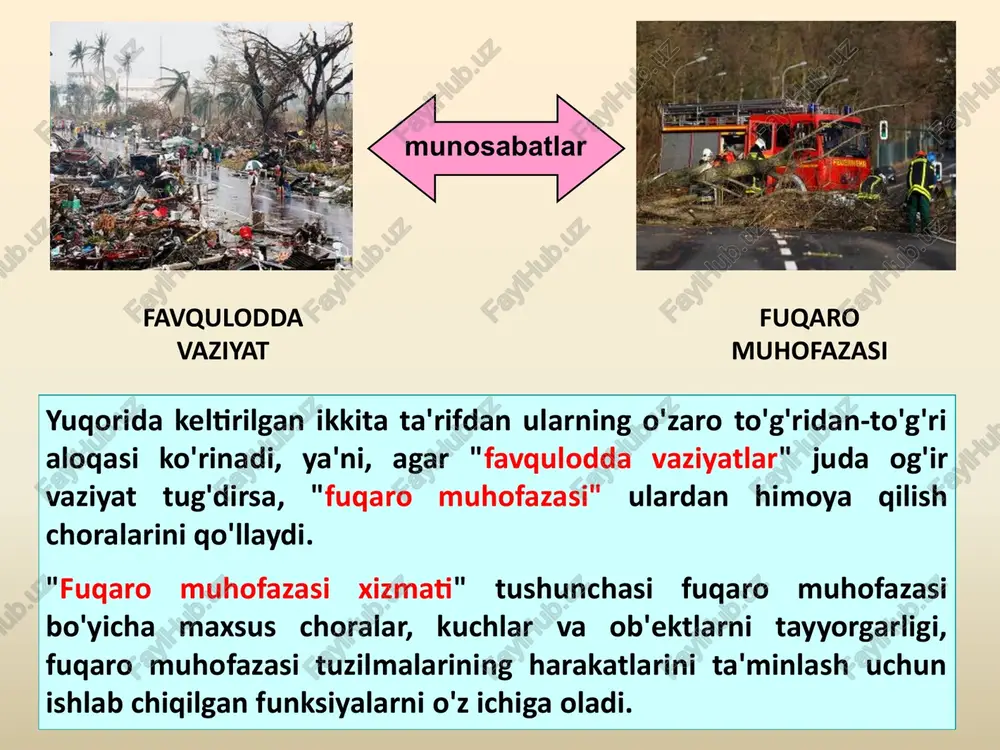 qabul qilingan o'zbekiston respublikasi qonuni. 5. “o'zbekiston respublikasi favqulodda vaziyatlar vazirligi tashkil etish to'g'risida” o'zbekiston respublikasi prezidentining 1996 yil 4 martdagi farmoni. 6. o'zbekiston respublikasi vazirlar mahkamasining “o'zbekiston respublikasi aholini fvlardan muhofaza qilishga tayyorlash tartibi to'g'risida”gi 1998 yil 7 oktyabrdagi 427-sonli qarori. 7. tojiev m., ne'matov n., ilxomov m “favqulodda vaziyatlar va fuqaro muhofazasi”. t. 2002 y. 8. qudratov o.q., g'aniev t.a., “favqulodda vaziyatlarda fuqaro muhofazasi” t. “yangi asr avlodi” 2005 y. 9. xalilova r.x., gorban d.i. fuqaro muhofazasi. ttymi. 2009. 10. yunusov m.yu. va bosh. fuqaro muhofazasi asoslari. ma'ruzalar to'plami. fmi. t. 2003. 11. makkambaev p.a., razikov r.s. chrezvichaynie situatsii i grajdanskaya zashita na jeleznodorojnom transporte. tashkent. tashiit. 2018. 12. cresson h kearny. nuclear war survival skills. oregon. usa. 2001. 13. cresson h kearny. naviki vijivaniya pri yadernoy voyne. oregon. ssha. 2001. 14. lau lawrence, ng. kwan-hong. radiatsionnaya bezopasnost. radiological safety and quality. izdatelstvo “springer”. 2012. mavzu: o'zbekiston respublikasida …