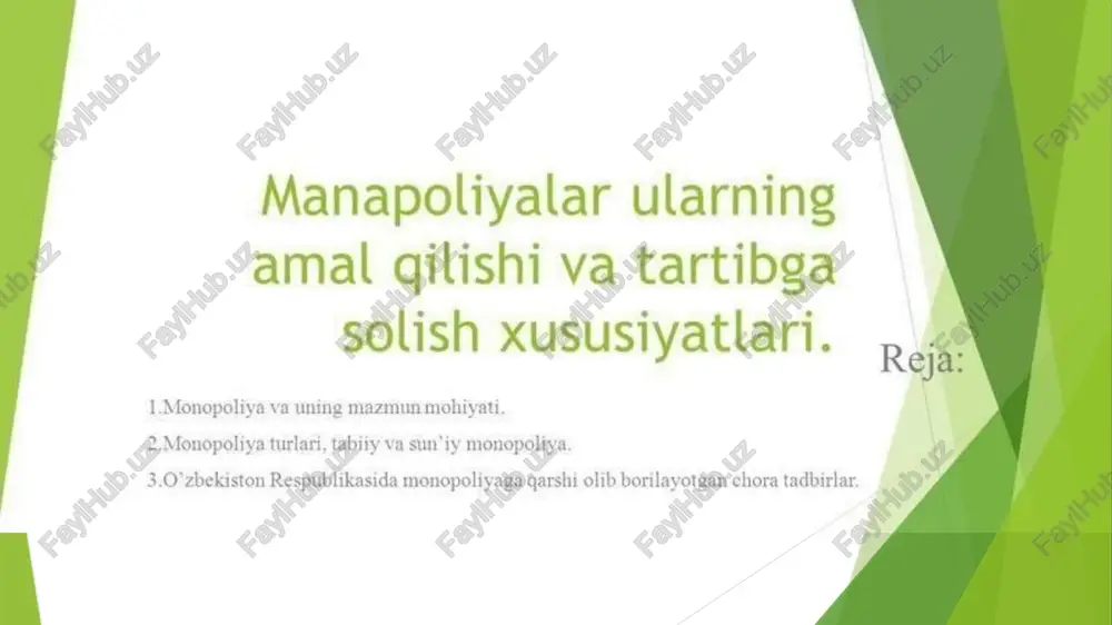 cha yirik ishlab chiqaruvchi yoki sotuvchining narx va ishlab chigarish hajmini belgilashdagi hukmronlik holati hisoblanadi. oligopolist-ishlab chiqaruvchilarga o'zhekistonda sement (asosan, bekobod. quvasoy, ohangaron, navoiy shaharlarida joylashgan). ko'mir (angren shahri, surxondaryo viloyatining sariosiyo (sharg'un) va boysun (to'da) tumanlarida joylashgan) ishlab chigarishni misol keltirish mumkin. > monopoliya — monopol yuqori borib taqaladi. narxlarni o'rnatish hamda > monopoliyalar vujudgak monopol yugori foyda olish moddiy asosi ishlab chiqarishning magsadida tarmoqlar, bozorlar to'planishi hisoblanadi.ishlab va yaxlit makroiqtisodiyot ustidan chigarishning to'planishi ishiab hukmronlikni amalga oshiruvchi yirik korxonalar (firma, korporatsiyalar)ning birlashmalari. > «monopoliya» atamasining kelib ehiqishi bozorga oid tushunchalardan (ya'ni. grekcha amonoc» - yagona, bitta va «poleoy - sotaman) tarkilb topsada, birog uning iqtisodiy ae = asoslari aslida ishlab chiqarishga myshared ¢ igtisodiyotda monopoliashuy tamoyillari kuchayilo borishi bilan ragobat cheklanadishu sababii ragobotchilik muhitini vujudga keltirishda daviat © kam gatnashadi. bu daviatning monopollyalarga garshi siyosatida 0'z aksini topaci. har bir mamlakatdagi anig vaziyat, yalni iqtisodiyotning tema: ¢kouxypenyua u …