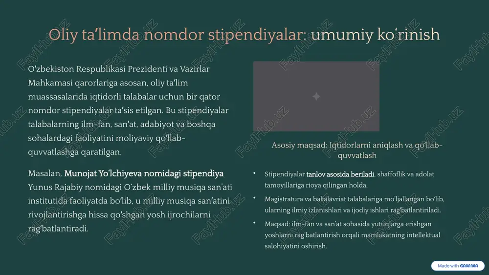 undamental va amaliy tadqiqotlariga sarmoya kiritish orqali innovatsion loyihalarni qoʻllab-quvvatlaydi. masalan, beruniy, ibn sino, navoiy nomidagi davlat stipendiyalari. sport va ijtimoiy faoliyat sport sohasida va ijtimoiy faoliyatda yuksak natijalarga erishgan talabalar ham ragʻbatlantiriladi. bu nafaqat ularning shaxsiy rivojlanishiga, balki sogʻlom turmush tarzini targʻib qilishga ham hissa qoʻshadi. ushbu stipendiyalar tizimi yoshlarning ilmiy va ijodiy faoliyatini qoʻllab-quvvatlash, ularni yanada yuqori natijalarga erishishga ragʻbatlantirishga xizmat qiladi. ular iqtidorli kadrlarning mamlakat kelajagi uchun muhim hissasini taʼminlaydi. 3 oliy taʼlimda fan olimpiadalari: raqamlar va natijalar o‘zbekistondagi oliy taʼlim muassasalari har yili talabalar o‘rtasida turli fan olimpiadalarini tashkil etadi. ushbu olimpiadalar talabalarning bilimini sinash, ularning intellektual salohiyatini oshirish va iqtidorli yoshlarni aniqlashga qaratilgan. 2024-yilda oʻtkazilgan fan olimpiadalarida 5000+ talaba ishtirok etdi. bu oʻtgan yillarga nisbatan ishtirokchilar sonining sezilarli oʻsishini koʻrsatadi. eng koʻp ishtirokchi yo‘nalishlar: matematika, fizika, kimyo va informatika. bu fanlar texnologiya va innovatsiya rivojlanishi uchun asosiy hisoblanadi. gʻoliblar uchun grantlar va stipendiyalar taqdim etildi. …