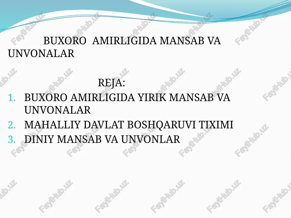nib, u yetti fasl(qism)dan iborat. bu maqsadda amirlikdagi mansablar haqida ma`lumot berilgan. qo`shbegi” mansabi amirlikdagi fuqarolik mansablari ichida eng yuqori mansab bo`lgan. “qo`shbegi” terminini izohlashda olimlar turli xil ma`lumot berishgan. masalan “majma` ul-arqom” asarida “qushbegi” shaklida ishlatilgan va uning vazifasiga “ovchilar, ovchilik asboblari, qushlar va itlardan xabardor bo`lib turadigan amaldor” sifatida baho bergan.85 aslida esa “qo`shbegi” – “qo`sh”-qarorgoh, “begi”-rahbari,egasi ma`nosini anglatadi davlatda favqulodda holatlar bo`lib qolganda “kull qo`shbegi”(hamma qo`shbegi) mansabi ham joriy etilgan. bunday vaqtda “qo`shbegi kalon” - “qo`shbegi poyon”ning vazifalarini ham bajargan.87 “majma` ul-arqom” asarida mansablarni darajalarga bo`lib, qimmatli ma`lumotlarni keltirgan. “majma` ul-arqom” ma`lumotiga qaraganda eng oliy mansab qoziylar mansabi bo`lgan. ulardan oliy darajada shayx ul-islom unvoni, keyin qozi ul-quzzot, uchinchisi qozi askar, to`rtinchisi viloyat qozisi bo`lgan. xx asr boshiga kelib qozi kalon(qozi ul-quzzot) va raisi kalon mansablari buxoro amirligi hayotida asosiy o`rinni egallagan. qozi kalonni yana “qozi sha`ri sharif” deb ham ataganlar. bu ikki mansab egalari jazo berish, …