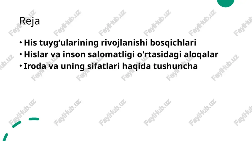 o'ladi. hislar va inson salomatligi: asosiy aloqalar va ta'sirlar. hislar va salomatlik hislar inson salomatligiga bevosita ta'sir ko'rsatadi. stress, xursandchilik yoki qayg'u holatlari organizmda turli o'zgarishlarga sabab bo'ladi. emotsiyalar va kasallik salomatlik va emotsiyalar o'rtasida chuqur bog'liqlik mavjud. masalan, uzoq muddatli stress yurak kasalliklarini keltirib chiqarishi mumkin. psixologik farovonlik ijobiy his-tuyg'ular psixologik farovonlikni oshiradi. bu, o'z navbatida, umumiy salomatlikni yaxshilashga yordam beradi va immunitetni kuchaytiradi. emotsiyalar va jismoniy salomatlik: o'zaro bog'lanish mexanizmlari. emotsiyalar va jismoniy salomatlik o'rtasidagi o'zaro bog'lanish mexanizmlari murakkab bo'lib, stress va kayfiyatning jismoniy holatga ta'siri katta. salbiy emotsiyalar immun tizimiga salbiy ta'sir ko'rsatishi mumkin. bunga misol sifatida: - stress, yurak-qon tomir kasalliklarini kuchaytirishi. - ijobiy hissiyotlar, organizmni mustahkamlashi. - emotsional holat, jismoniy faoliyatga ta'sir qiladi. psixologik holatlarning salomatlikka ta'siri: hislar va irodalar. 1 hislar va salomatlik hislar inson salomatligiga bevosita ta'sir qiladi. stress va qayg'u, yurak-qon tomir kasalliklari xavfini oshirishi isbotlangan. 2 iroda va ruhiy holat iroda, …