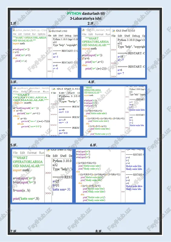 .0 - oo x 'shart operatorlariga oid masalalar: import math int(input(’ b=int(input(‘b= c=int(input(‘e=')) if @o&(d>h&(e0)): print("musbat sonlar uchta’) else: if (((@>0)&(b>0))or((a>0)&(c>0) )or((b>0)&(>0))): print("musbat sonlar ilckita’) else: if (a>0)ou(0>0)ox(¢>0)): print("musbat sonlar bitta’) ise: on rint("musbat sonlar yo'q") file edit shell debug options window help python 3.10.0 (tags/v3.10.0:b494£59, oct 4 2021. 19:00:18) [msc v.1929 64 bit (amd64)] on wi 32 type "help", "copyright", "credits" or "license()" for more information. a === restart: c\users\user\desktop\ess visuallpython_darslari_terdu.py b=4 c=7 ‘musbat sonlar ikkkita a restart: c\users\user\desktop\ess visuallpython_darslari_terdu.py a=4 b=1 c= ‘musbat sonlar bitta >>| 10/12/2021 a. python_darslari_terd! file edit format run| 'shart operatorlariga t('a=')) b=int(input(‘b=')) s=max(a . b) print("katta son=',s) idle shell 3.10.0 - oo x file edit shell debug options window help >>> >>>|| python 3.10.0 (tags/v3.10.0:b494£59, oct 4 2021. 19:00:18) [msc v.1929 64 bit (amd64)] on wi 32 type "help", "copyright", "credits" or "license()" for more information. restart: c.\users\user\desktop\ess visuallpython_darslari_terdu.py a=25 b=31 katta son= …