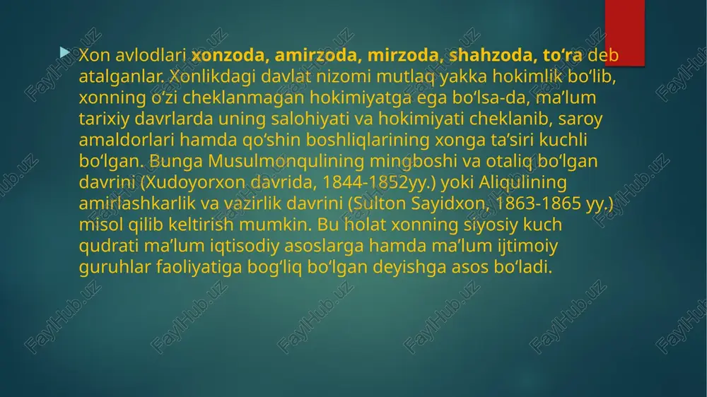 va soqchi-mulozimlarining boshlig‘i. notanish kishilarni xon huzuriga ijozatsiz qo‘ymaslikka javobgar shaxs. parvonachi – bu unvon egasi xon nomiga kelgan xat va arizalarni saroyga olib kirib, javobini olib chiqqan. bu unvon boshqa unvon sohiblariga ham berilgan. dodxoh – xon oldiga fuqarolarning xohish-istak hamda maqsadlarini bayon etish huquqiga ega mansab, saroy unvoni. dasturxonchi – xon dasturxoniga, umuman, oshxonasiga javobgar saroy mansabi. saroy qorovulbegisi – xon o‘rdasining soqchilariga boshliq bo‘lgan saroy amaldori. tunqator – tun bo‘yi uyg‘oq bo‘ladigan soqchi. xonning dam olishi va yurishlari vaqtida qo‘riqchilik qilib, xonning yaqin kishilaridan tayinlanadigan amaldor. oftobachi – xonning xos mulozimlaridan bo‘lib, uning yuvinishi va tahorati vaqtida xizmat qiladigan amaldor. sharbatdor – eng oliy va faxriy unionlardan bo‘lib, xonning xos majlislari va safarlarida hizmatda bo‘lgan. hidoyatchi – xon saroyiga yuborilgan tortiq va sovg‘alarni qabul qilib olib, xon nazaridan o‘tkazuvchi amaldor. shig‘ovul – saroyga tashrif buyurgan elchilar va choparlarni xon huzuriga boshlab kiruvchi amaldor. manbalarga ko‘ra, bu mansabdagi …