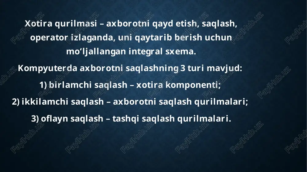 il topgan saqlash qurilmasi. asosiy vazifasi ma’lumotlarni qattiq diskka yozish, o‘qishni boshqarish orqali ma’lumotlarni doimiy saqlashdan iborat. qurilma sata slotiga tizimli platadagi maxsus shleyflar orqali ulanadi usb flash xotira usb flash xotira (ing. flash drives) – ma’lumotlarni ssd usuliga o‘xshash usulda saqlovchi o‘ta kichik, ko‘chma saqlash qurilmasi. ushbu axborotni saqlash qurilmasi usb porti orqali ulanadi va qurilmalar orasida axborotlarni tezkor almashishini ta’minlaydi. cd disk cd disk (ing. compact disc – kompakt disk) portativ xotira bo‘lib, uni maxsus cd disk yurituvchi yordamida o‘qish mumkin. disk ma’lumotni optik tarzda saqlaydi, ya’ni axborotni elektromagnit to‘lqinlar yordamida yozadi dvd disk dvd disk (ing. digital versatile disc – raqamli universal disk) tomon va qatlamlari soniga qarab nomlanadi. disk nomidagi 5, 9, 10, 14, 18 sonlari diskda qancha gb ma’lumot saqlanishini ko‘rsatadi. dvdga ma’lumot sektorlar bo‘ylab yoziladi, bunda bitta sektorga 2048 bayt ma’lumot yoziladi qobiq dasturlar to'g'risida tushincha. qobiq dasturlar bular shunday dasturlarki ular operatsion sistemada …