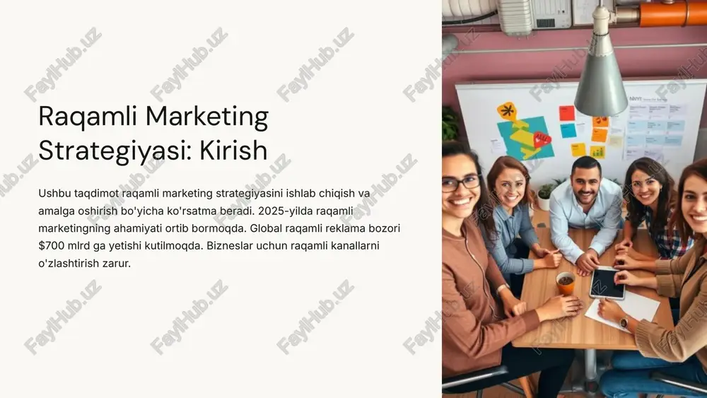 6 raqamli reklama: asosiy vositalar raqamli reklama uchun asosiy vositalardan foydalanish muhim. pay-per-click (ppc), google ads va banner reklamalaridan foydalanish mumkin. ijtimoiy media platformalarda to'lovli reklamalar ham mavjud. reklamaning roi ni kuzatish va optimallashtirish kerak. 1 ppc reklama 2 google ads 3 banner reklamalar 7 ma'lumot analitikasi va o'lchov asboblari ma'lumot analitikasi va o'lchov asboblaridan foydalanish zarur. kpi: ctr, konversiya darajasi, roi ni kuzatish kerak. google analytics va boshqa kuzatuv platformalaridan foydalanish mumkin. real vaqt rejimida natijalarni o‘lchashning afzalliklari katta. kpi kuzatuvi ctr konversiya darajasi roi asboblar google analytics boshqa platformalar 8 amalga oshirish: resurslar va rejalar amalga oshirishda resurslar va rejalarni aniqlash muhim. jamoa rollarini taqsimlash kerak: strateglar, dizaynerlar, texnik xodimlar. amalga oshirish grafigi va muddatli vazifalarni belgilash zarur. texnologiyalarni tanlash kerak: crm, automation vositalari. jamoani shakllantirish 1 vazifalarni belgilash 2 texnologiyalarni tanlash 3 9 ko'rinayotgan xatolar va ularni oldini olish ko'rinayotgan xatolarni oldini olish muhim. nomaqsadli auditoriyani tanlashning …