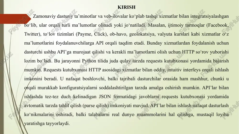 (facebook, twitter), to‘lov tizimlari (payme, click), ob-havo, geolokatsiya, valyuta kurslari kabi xizmatlar o‘z ma’lumotlarini foydalanuvchilarga api orqali taqdim etadi. bunday xizmatlardan foydalanish uchun dasturchi ushbu api’ga murojaat qilishi va kerakli ma’lumotlarni olish uchun http so‘rov yuborishi lozim bo‘ladi. bu jarayonni python tilida juda qulay tarzda requests kutubxonasi yordamida bajarish mumkin. requests kutubxonasi http asosidagi xizmatlar bilan oddiy, intuitiv interfeys orqali ishlash imkonini beradi. u nafaqat boshlovchi, balki tajribali dasturchilar orasida ham mashhur, chunki u orqali murakkab konfiguratsiyalarni soddalashtirilgan tarzda amalga oshirish mumkin. api’lar bilan ishlashda tez-tez duch kelinadigan json formatidagi javoblarni requests kutubxonasi yordamida avtomatik tarzda tahlil qilish (parse qilish) imkoniyati mavjud. api’lar bilan ishlash nafaqat dasturlash ko‘nikmalarini oshiradi, balki talabalarni real dunyo muammolarini hal qilishga, mustaqil loyiha yaratishga tayyorlaydi. bugungi kunda deyarli har bir mobil yoki veb-ilova biror api bilan ishlaydi. shuning uchun ham bu mavzu it yo‘nalishida o‘qiyotgan talabalar uchun muhim va zamonaviy hisoblanadi. kurs ishining asosiy maqsadi …