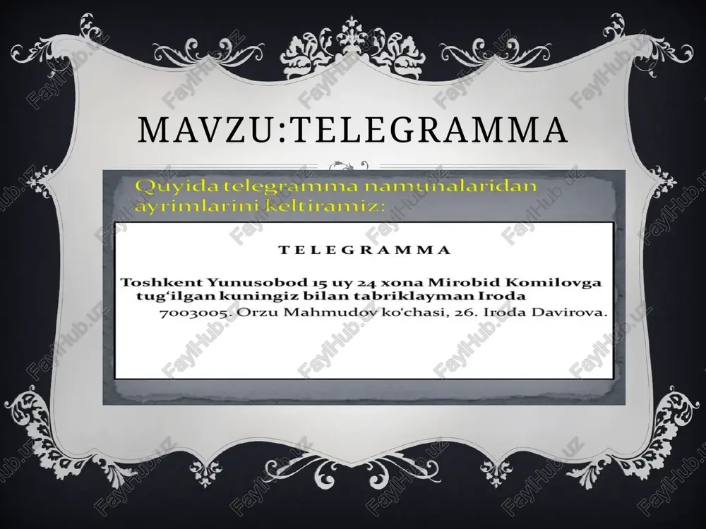 yoki taklif qilib, ogohlantirib yoki tasdiqlab yozilgan rasmiy xat mazmunida bo'lgan telegramma ornini telefon pasa olmaydi. chunki matn mazmunidan iz qoldirish hamda uning rasmiy bo‘lishi maqsadida shunday gilinadi. bunga zarurat bo‘lmagan hollarda esa matn © mazmuni telefon orgali yetkazilishi ham mumkin. » telegrammaning boshga hujjatlardan fargi shundaki, ularning matni g oyatda qisqa bo'lib, bir necha so'zlar yordamida fikr aniq va lo‘nda ifodalanishi lozim bo'ladi. ‘telegramma pochtaxonalarda mavjud bo'lgan maxsus blankalarda rasmiylashtirilib, uni yozishning o'z aodalaet bor. qisqalik va ixchamlik talablaridan kelib chigib, asosiy matnda tinish belgilari qo'llanilmaydi, bos in ko‘chirilmaydi. shakli esa asosan quyidagicha bo'ladi: telegrammaning turi haqidagi belgi, jo‘natilayotgan joyning adresi, 181 oluvchining ismi va familiyasi, asosiy matn, jo'natuvchining adresi.telegramma oddiy yoki shoshilinch tarzda rasmiylashtirilishi, shaxslararo va idoralararo, hukumat va xalqaro miqyosda bollishi mumkin. compagnia italiana de! cavi ae telegrafic! sottomarini § | i telegramma \ssay rss se) =; sees = rewvore 225 rsd taptarvess roa = furrats cgortrats …