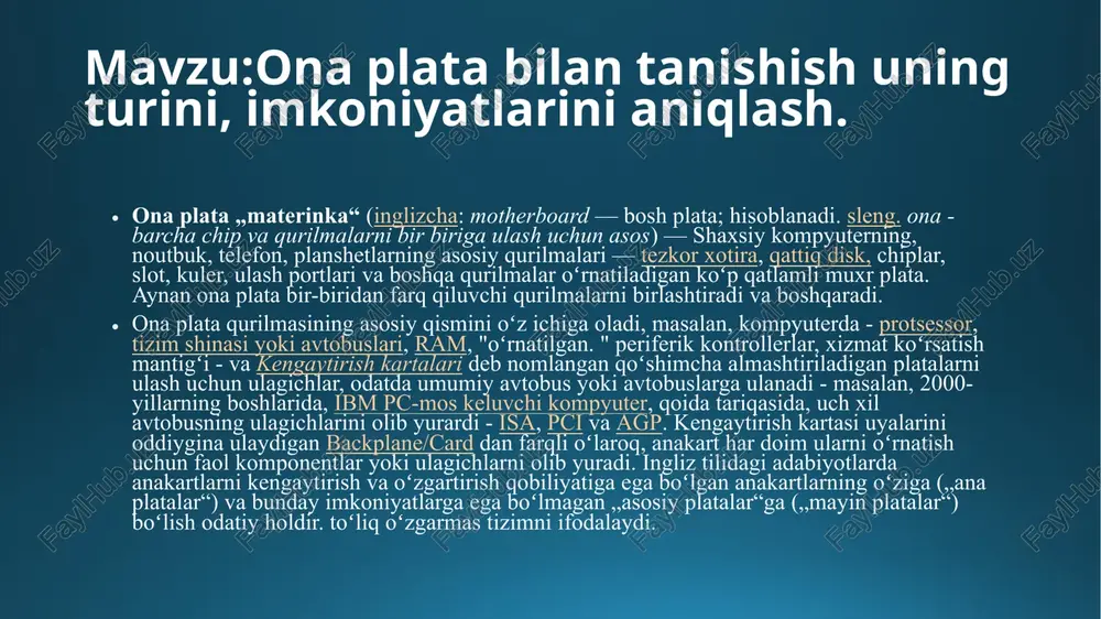 ing elektron tarkibiy qismini tashkil qiladi. u yoki bu ishlab chiqaruvchilar tomonidan yaratilgan standartlashtirilgan ona plata modeli unda qo‘llanilgan mikrosxemalar to‘plami va elementlarning joylashish topologiyasi bilan belgilanadi. standartlashtirilgan g‘ilof shakliga qarab, o‘lchami bo‘yicha turli ona platalar ishlab chiqariladi. shaxsiy kompyuterlar uchun eng keng tarqalgan ona plata formatlari at, atx (305×244 mm o‘lchamli), mikro atx (244×244 mm) va flexatx (229×191 mm). zamonaviy ona platalarning asosini tashkil etuvchilari, uning g‘ilofiga joylashtirilgan bo‘ladi: protsessor razyomlari, kengaytirish slotlari bilan magistral liniyalari, apparat xotira modullarining razyomlari, chipset mikrosxemalari uchun razyomlar. bu konstruktiv elementlar yuqori darajali birlashtirish bilan apparat pog‘onasidagi asosiy elektron tashkil etuvchilarni birlashtiradi. ko‘pincha ona platalarda audio va video vositalarning elektron tashkil etuvchilari joylashtiriladi. tashqi qurilmalarning tizimli blokka ulanishi, razyomlari tizimli blokning old yoki orqa panellarga joylashtirilgan, tashqi interfeys vositalari yordamida tashkil qilinadi. masalan, sichqoncha ko‘rinishidagi boshqaruv qurilmasini ulash uchun com-port, bosmaga chiqarish qurilmasi uchun lpt-port ishlatiladi. hozirgi kunda o‘nlab firmalar tuzilishi, ular tomonidan …