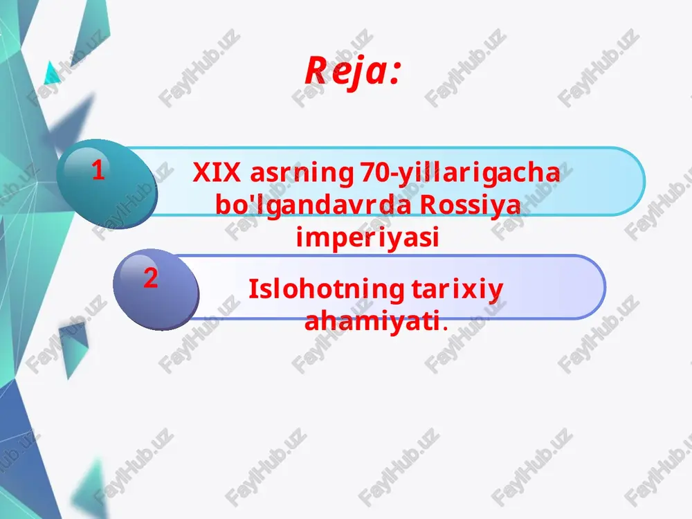 rniga ukasi nikolay i ni taxtga o'tqazilishi marosimi o’tkaziladigan kunga belgilandi. qo'zg'olon dekabristlarga sodiq harbiy qism tomonidan amalga oshirilishi lozim edi. dekabristlar harakatining rahbarlaridan besh kishi, shu jumladan, p. pestel va n. muravyovlar ham osib o'ldirildi. ko'pchiligi sibirga surgun qilindi. biroq dekabristlar harakati behuda ketmadi. ular ilgari surgan g'oyalar rossiya jamiyatining ilg'or qatlamini uzoq vaqtgacha samoderjaviye va krepostnoylikka qarshi kurashga ilhomlantirib keldi. mamlakatda vujudga kelgan kuchli norozilik to'lqinini bostirish maqsadida imperator aleksandr ii 1861-yilning 19-fevralida krepostnoy huquqni bekor qilish to'g'risidagi qonunni imzoladi. qonunga ko'ra, krepostnoy dehqonlar shaxsan ozod bo'ldilar. bundan buyon dehqonlarni sotib olish, sotish yoki boshqa birovga hadya qilish ta'qiqlandi. islohotning tarixiy ahamiyati 1861-yilgi islohot natijasida krepostnoy huquqi yemirildi. biroq, islohot dehqonlarni birdaniga ozod etmadi. krepostnoylik asorati uzoq yashadi. natijada, rossiya qishloq xo'jaligida kapitalizm juda sekinlik bilan rivojlana boshladi. shunday bo'lsa-da, islohot muhim tarixiy ahamiyatga ega bo'ldi. chunonchi, dehqonlar shaxsiy erkinlik va fuqarolik huquqig aerishdilar. iqtisodiyotda kapitalistik munosabatlarning mustahkamlanishi …