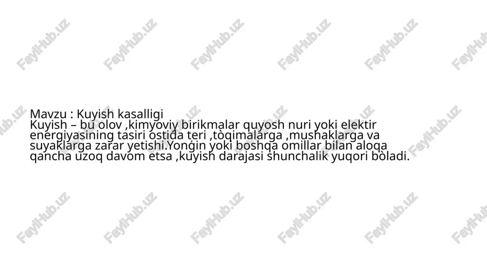 molyar ta'sirga ega dorilarni qo'llash; antibiotiklar bilan davolash kursi; tanadagi suyuqlik muvozanatini to'ldirishga qaratilgan infuzion terapiya; teri transplantatsiyasi; qon aylanishini normallashtirish uchun eritmalar, ozuqaviy eritmalar, glyukoza kiritish. uchinchi darajali kuyishda, bemor davolanish uchun kasalxonaning kuyish markaziga yuboriladi image1.jpeg image2.jpeg image3.jpeg image4.jpeg image5.jpeg image6.jpeg image7.jpeg a kuyishning kuyishning kuyishaing 1 darajasi. ii darajasi. iii darajasi. /docprops/thumbnail.jpeg toshkent tibbiyot akademiyasi urganch filiali pediatriya fakulteti 321-c gurux talabasi rustamova ditraboning xirurgiya fanidan mustaqil ishi