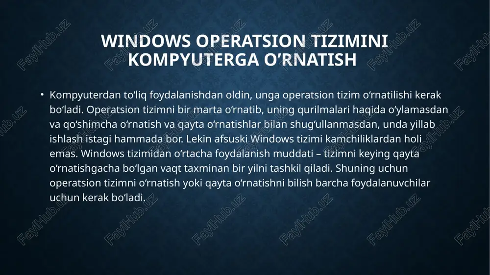 imning ichki aloqasini qayta tiklash mumkin. ilovalarning ishlash xususiyati saqlanadi, muammolar yo‘q bo‘ladi. windows operatsion tizimini o‘rnatish jarayoni har qanday usulda ham deyarli bir xil. birinchi bosqich – o‘rnatish ustasini (master ustanovki) tayyorlash va ishga tushirish. bunda foydalanuvchi qatnashmaydi va joriy operatsion muhitning doirasida amalga oshiriladi. kompyuterga qo’shimcha yangi qurilmalarni ulash kompyuterga qo’shimcha qurilamalar portlar orqali ulanadi. tashqi qurilmalarni ulash uchun kiritish/chiqarish kontrollerlarining ketma-ket va parallel portlari ishlatiladi, odatda, ularning razyomlari kompyuterning orqa panelida joylashtirilgan. portlar ma’lumotlarni bir yo‘nalishda uzatishni (simpleks ish tartibi), yo‘nalishlarni qayta ulashni (yarim dupleks ish tartibi) va har ikkala yo‘nalishlarda (dupleks ish tartibi) ma’lumotlarni uzatish ish tartiblarida ishlashi mumkin. abonentlarning ulanish topologiyasi ikki nuqtali (rs-232s interfeys uchun) yoki tarmoqlangan (vsb yoki fire wire) bo‘lishi mumkin. portlar parallel va ketma-ket turlarga bo‘linadi. parallel port printer, skaner yoki tashqi jamlagichni ulash uchun ishlatiladi. tashqi qurilmani parallel portga ulash maxsus kabel orqali amalga oshiriladi, u bir necha bitlarni bir …