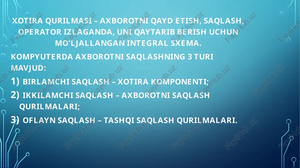 n saqlash qurilmasi. asosiy vazifasi ma’lumotlarni qattiq diskka yozish, o‘qishni boshqarish orqali ma’lumotlarni doimiy saqlashdan iborat. qurilma sata slotiga tizimli platadagi maxsus shleyflar orqali ulanadi usb flash xotira usb flash xotira (ing. flash drives) – ma’lumotlarni ssd usuliga o‘xshash usulda saqlovchi o‘ta kichik, ko‘chma saqlash qurilmasi. ushbu axborotni saqlash qurilmasi usb porti orqali ulanadi va qurilmalar orasida axborotlarni tezkor almashishini ta’minlaydi. cd disk cd disk (ing. compact disc – kompakt disk) portativ xotira bo‘lib, uni maxsus cd disk yurituvchi yordamida o‘qish mumkin. disk ma’lumotni optik tarzda saqlaydi, ya’ni axborotni elektromagnit to‘lqinlar yordamida yozadi dvd disk dvd disk (ing. digital versatile disc – raqamli universal disk) tomon va qatlamlari soniga qarab nomlanadi. disk nomidagi 5, 9, 10, 14, 18 sonlari diskda qancha gb ma’lumot saqlanishini ko‘rsatadi. dvdga ma’lumot sektorlar bo‘ylab yoziladi, bunda bitta sektorga 2048 bayt ma’lumot yoziladi qobiq dasturlar to'g'risida tushincha. qobiq dasturlar bular shunday dasturlarki ular operatsion sistemada fayllar, …