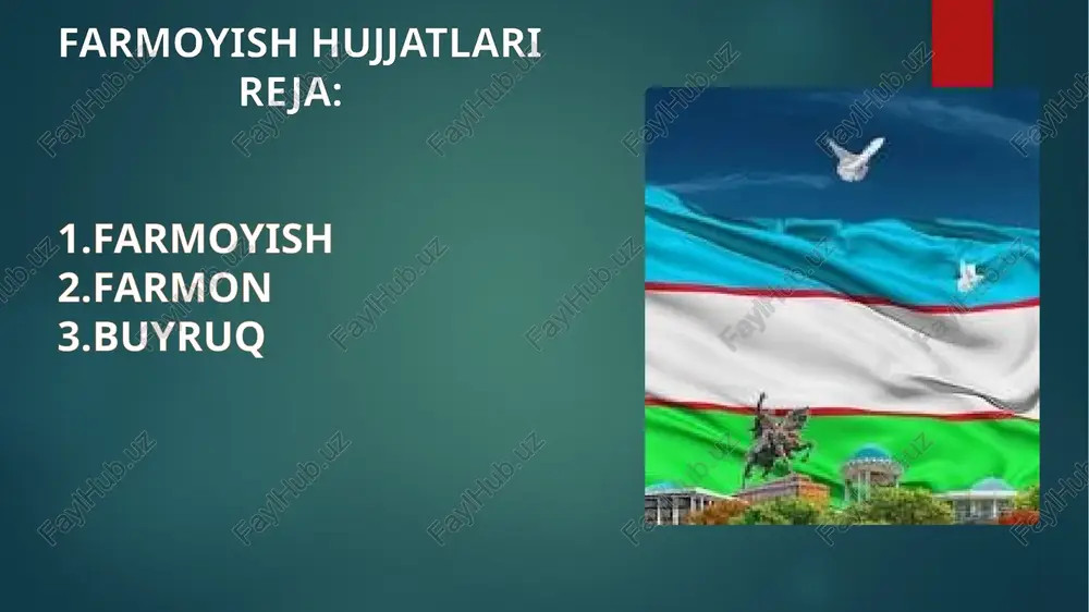 asosiy zaruriy qismlari : 1.gerb, muassasaning ramziy belgisi. 2.vazirlik va boshqarma nomi. 3.muassasa xos raqami. 4.hujjat shaklining xos raqami. 5.muassasa nomi. 6.sarlavhasi (mazmunan kelib chiqib nomlanadi). 7.sanasi. 8.raqami. 9.buyruq chiqqan joy nomi. 10.hujjatning nomi. 11.buyruq matni. 12.rahbar yoki o’rinbosar imzosi. image7.jpg image2.png image3.png image4.png image5.png