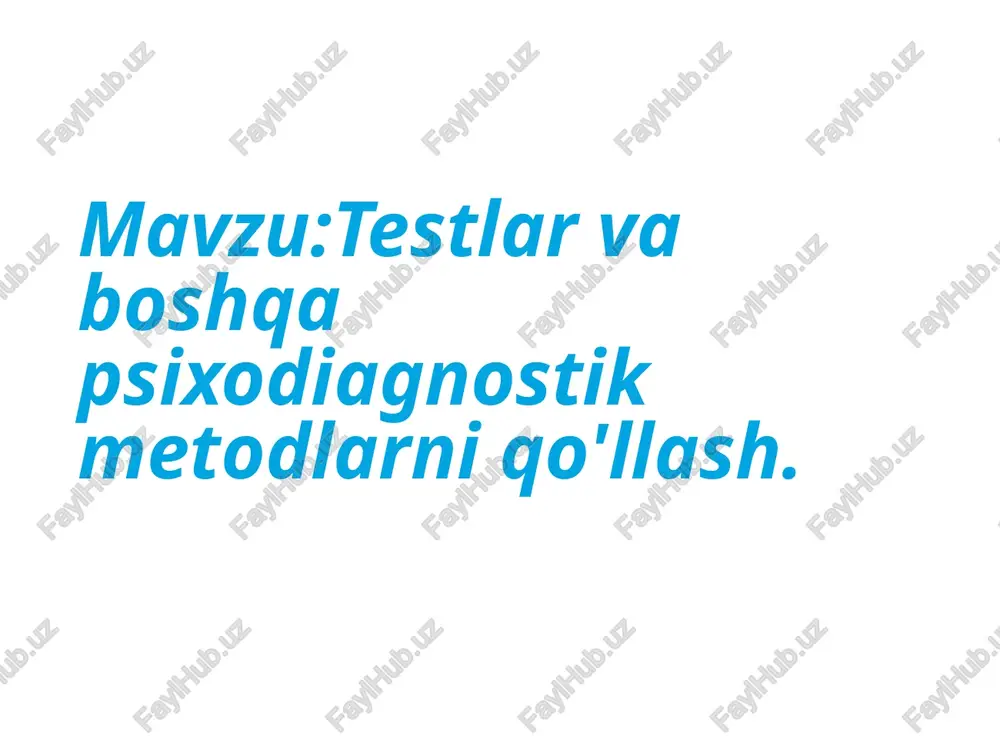 isteʼdodni aniklashga yoʻnaltirilgan); ijodiyot t.lari (ijodkorlik, bunyod etishlik darajalarini tekshiruvchi); mezoniy moʻljal t.lari (oʻquv yoki kasbiy bilimlar va topshiriklarni qaysi koʻnikma, malaka, xattiharakat tizimi orqali oʻlchash mumkinligi); shaxsga oid t.lar (xususiyat, bezovtalanish, sifat, fazilat, xislatlarni oʻlchashga aloqador); proyeksiyaviy t.lar (tashqi taʼsirsiz shaxs oʻzini oʻzi oshkor qilishiga . suhbat metodi. bu metod bilan inson psixikasini o`rganishda suhbatning maqsadi va vazifasi belgilanadi, uning obyekti va subyek-ti tanlanadi, mavzusi, o`tkaziladigan vaqti aniqlanadi, yakka shaxs-lar, guruh va jamoa bilan o`tkazish rejalashtiriladi, o`rganilayotgan narsa bilan uzviy bog`liq savol-javob tartibi tayyorlanadi. suhbat-ning bosh maqsadi muayyan bir vaziyat yoki muammoni hal qilish ja-rayonida inson psixikasidagi o`zgarishlarni o`rganishdir. suhbat or-qali odamlarning tafakkuri, akd-zakovati, xulq-atvori, qiziqishi, tiyrakligi, bilim saviyasi, e`tiqodi, dunyoqarashi, irodasi to`g`ri-sida ma`lumotlar olinadi. suhbat metodining ijobiy jihatlari bilan birga ayrim zaif tomonlari ham mavjud. qaytariq so`zlar, «g`aliz» iboralar, nutqning tezligi, fikrning mavhumligi, zerikarligi muvaffaqiyatsizlikka sabab bo`ladi. shuningdek, savol-javobning bir shaklda emasligi sinaluvchida o`ziga xos ishlash uslubi, oshkoralik …